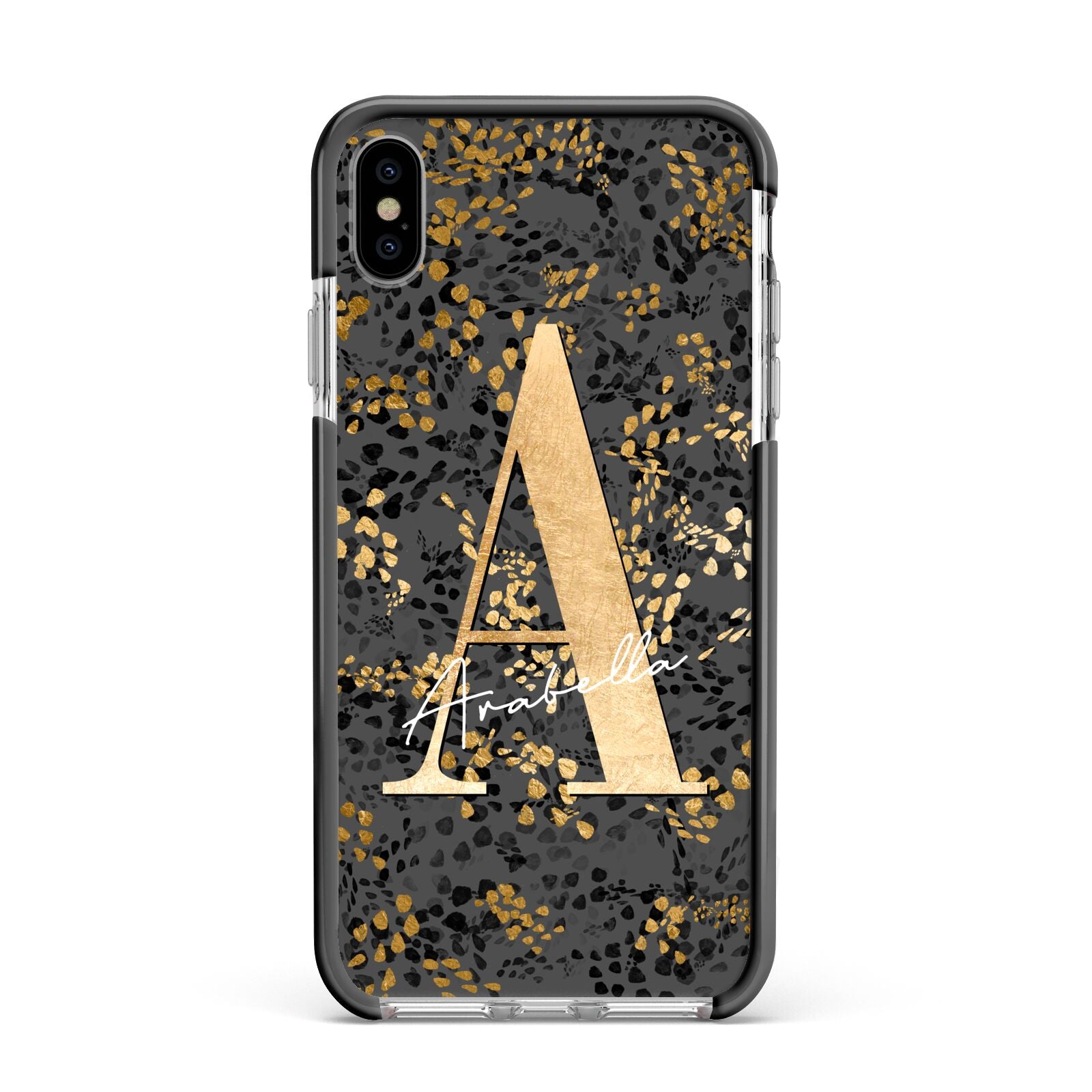Personalised Grey Gold Cheetah Apple iPhone Xs Max Impact Case Black Edge on Silver Phone