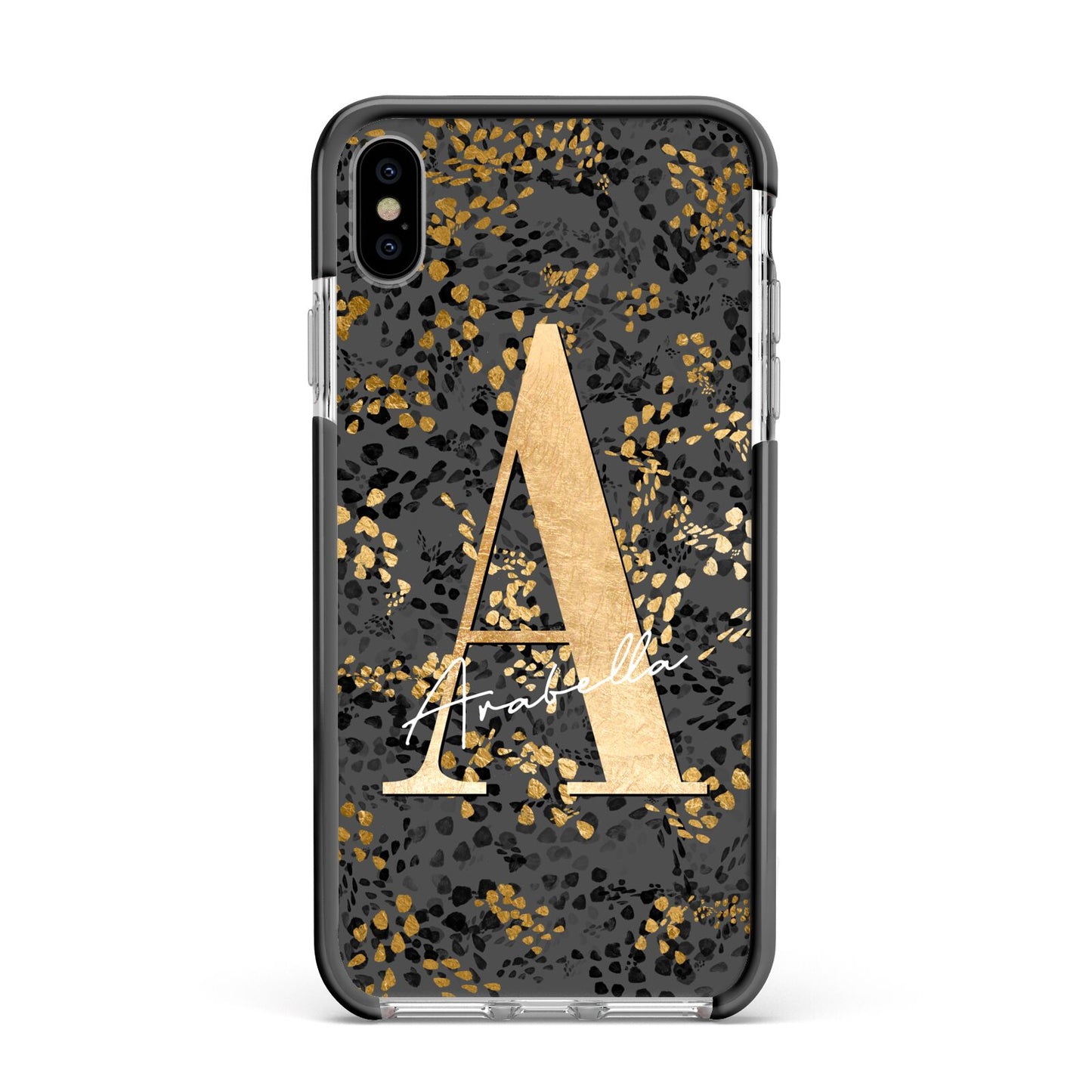 Personalised Grey Gold Cheetah Apple iPhone Xs Max Impact Case Black Edge on Silver Phone