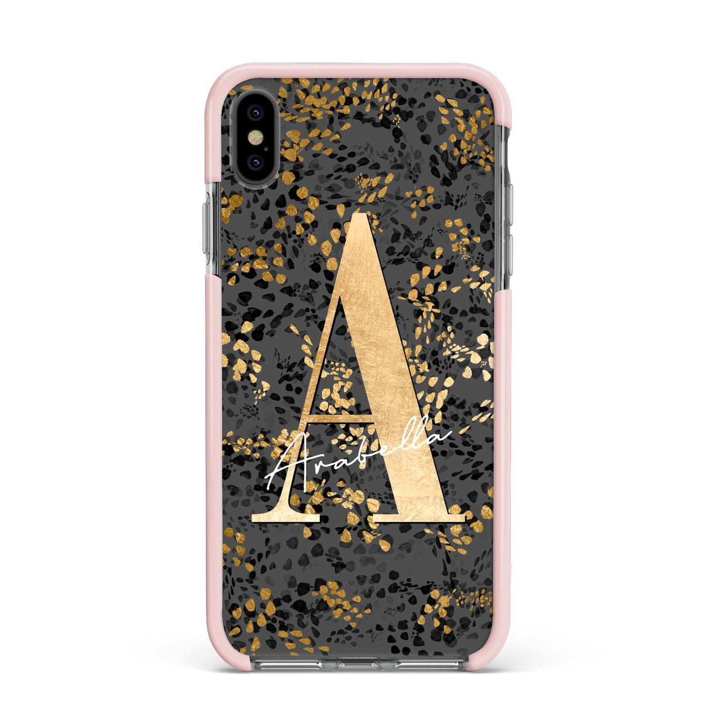 Personalised Grey Gold Cheetah Apple iPhone Xs Max Impact Case Pink Edge on Black Phone