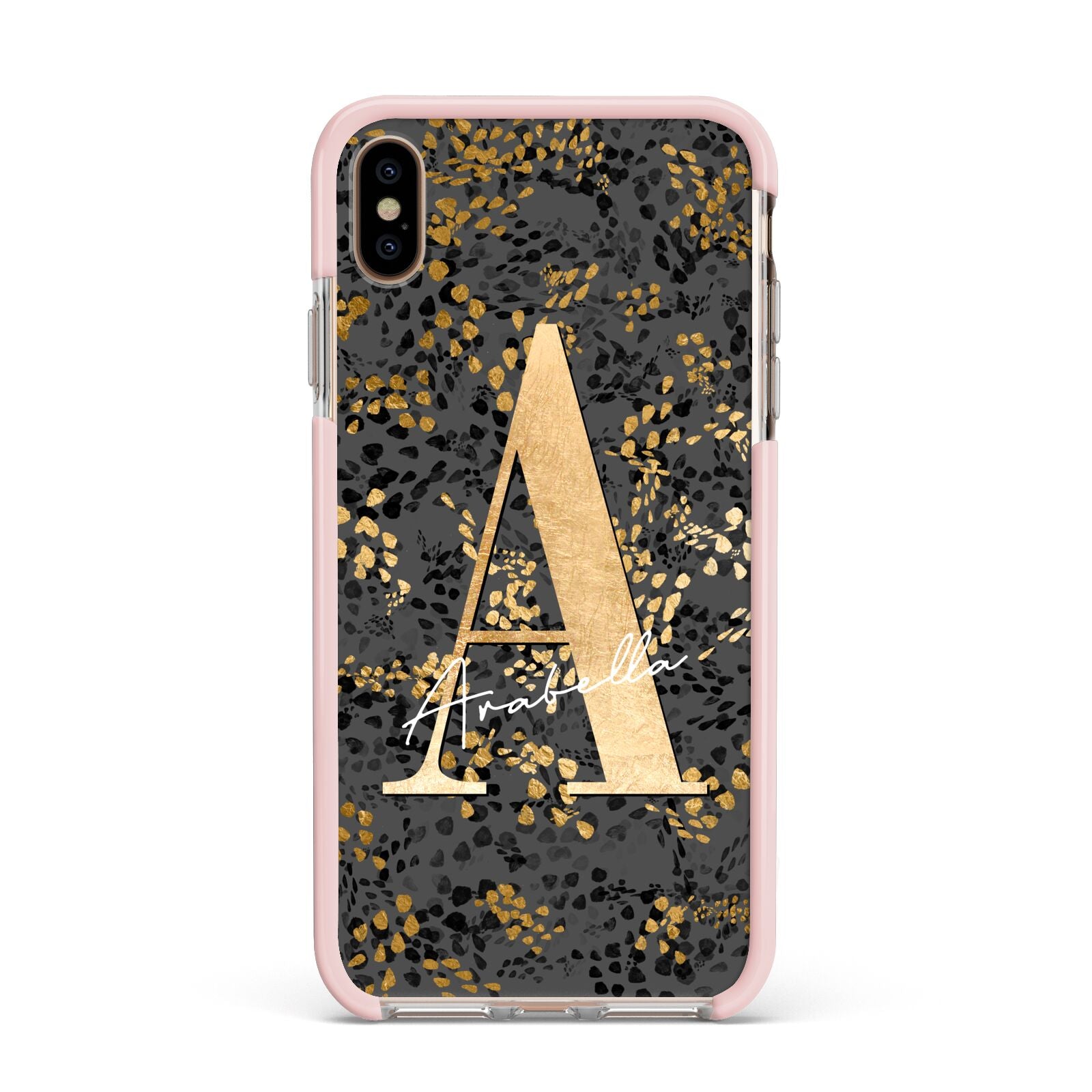 Personalised Grey Gold Cheetah Apple iPhone Xs Max Impact Case Pink Edge on Gold Phone
