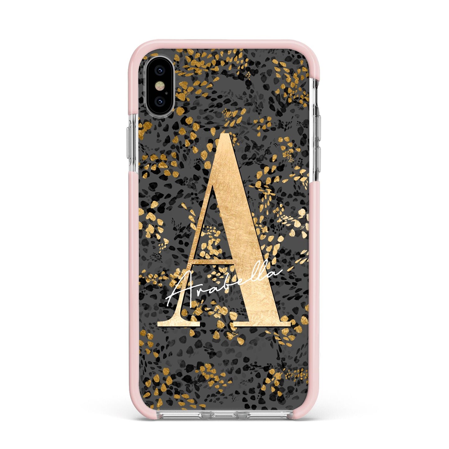 Personalised Grey Gold Cheetah Apple iPhone Xs Max Impact Case Pink Edge on Silver Phone