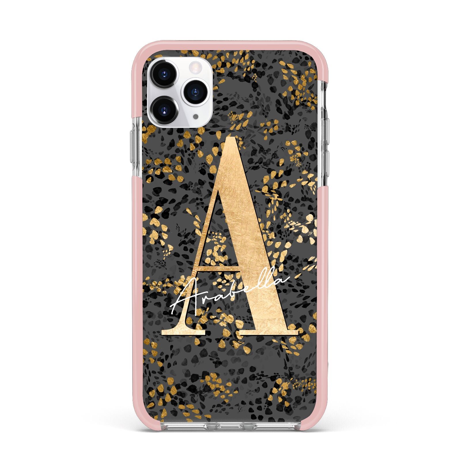 Personalised Grey Gold Cheetah iPhone 11 Pro Max Impact Pink Edge Case