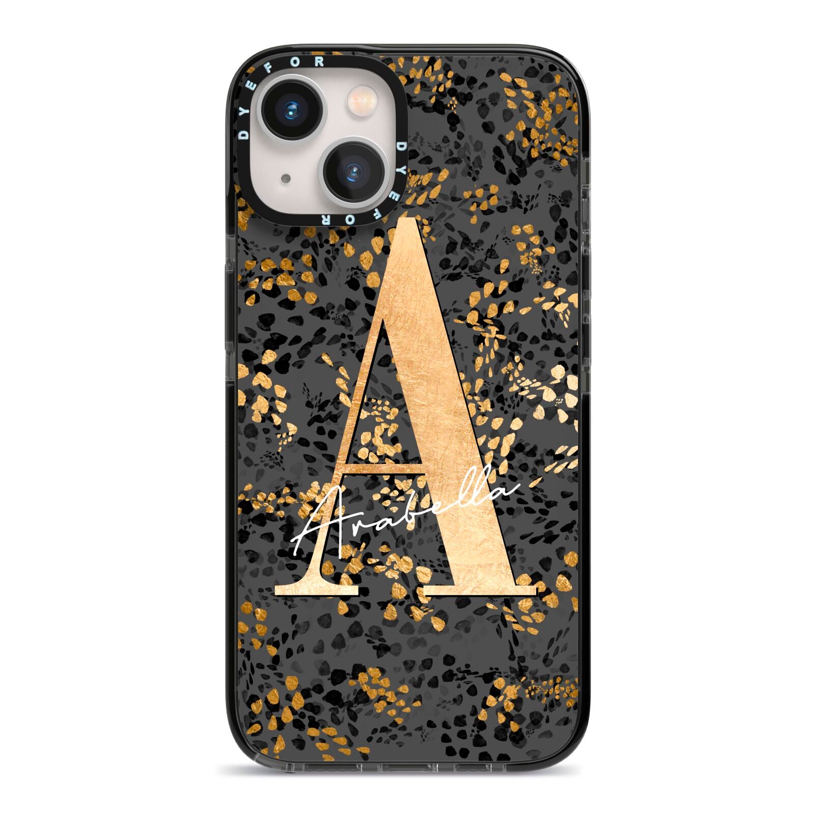 Personalised Grey Gold Cheetah iPhone 13 Black Impact Case on Silver phone