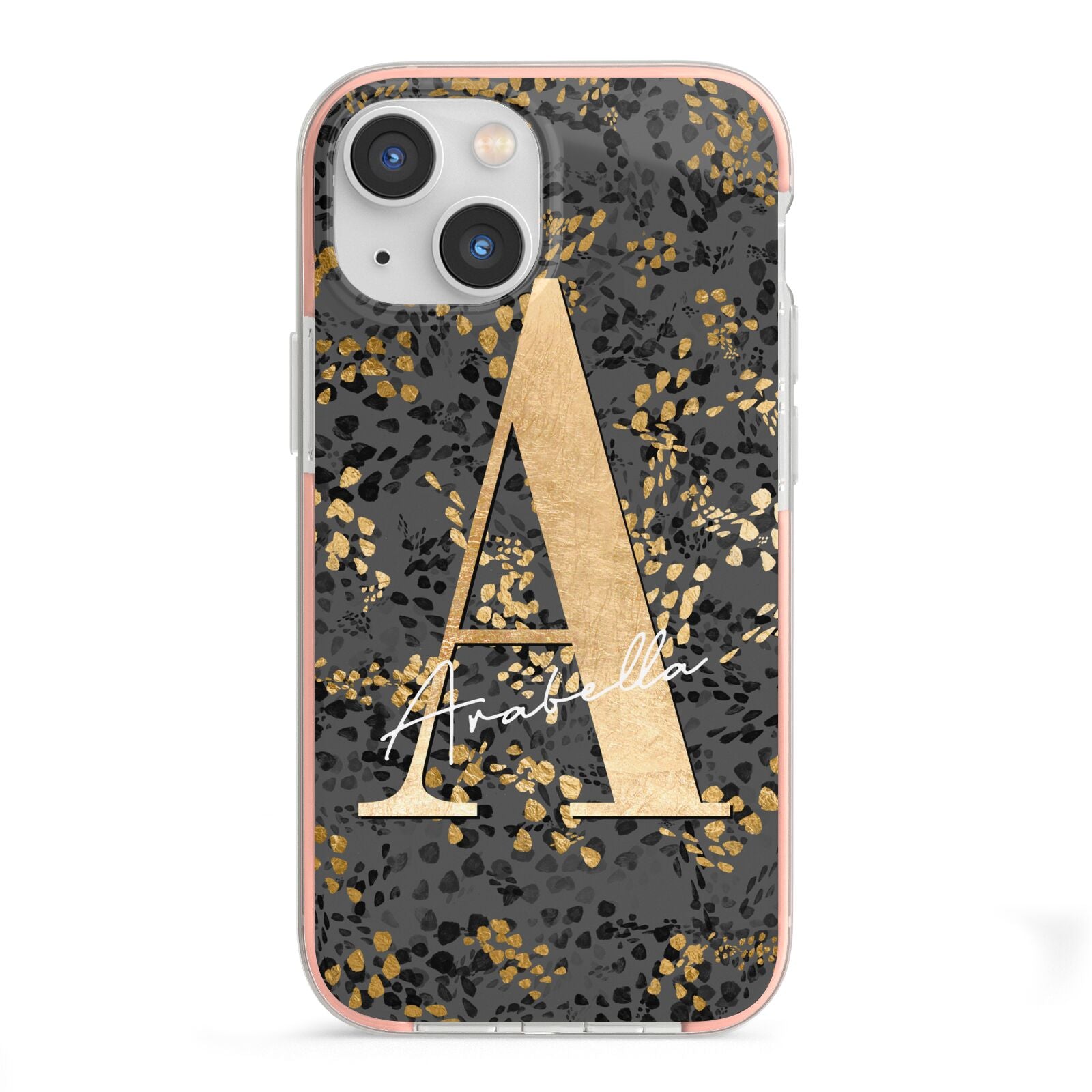 Personalised Grey Gold Cheetah iPhone 13 Mini TPU Impact Case with Pink Edges