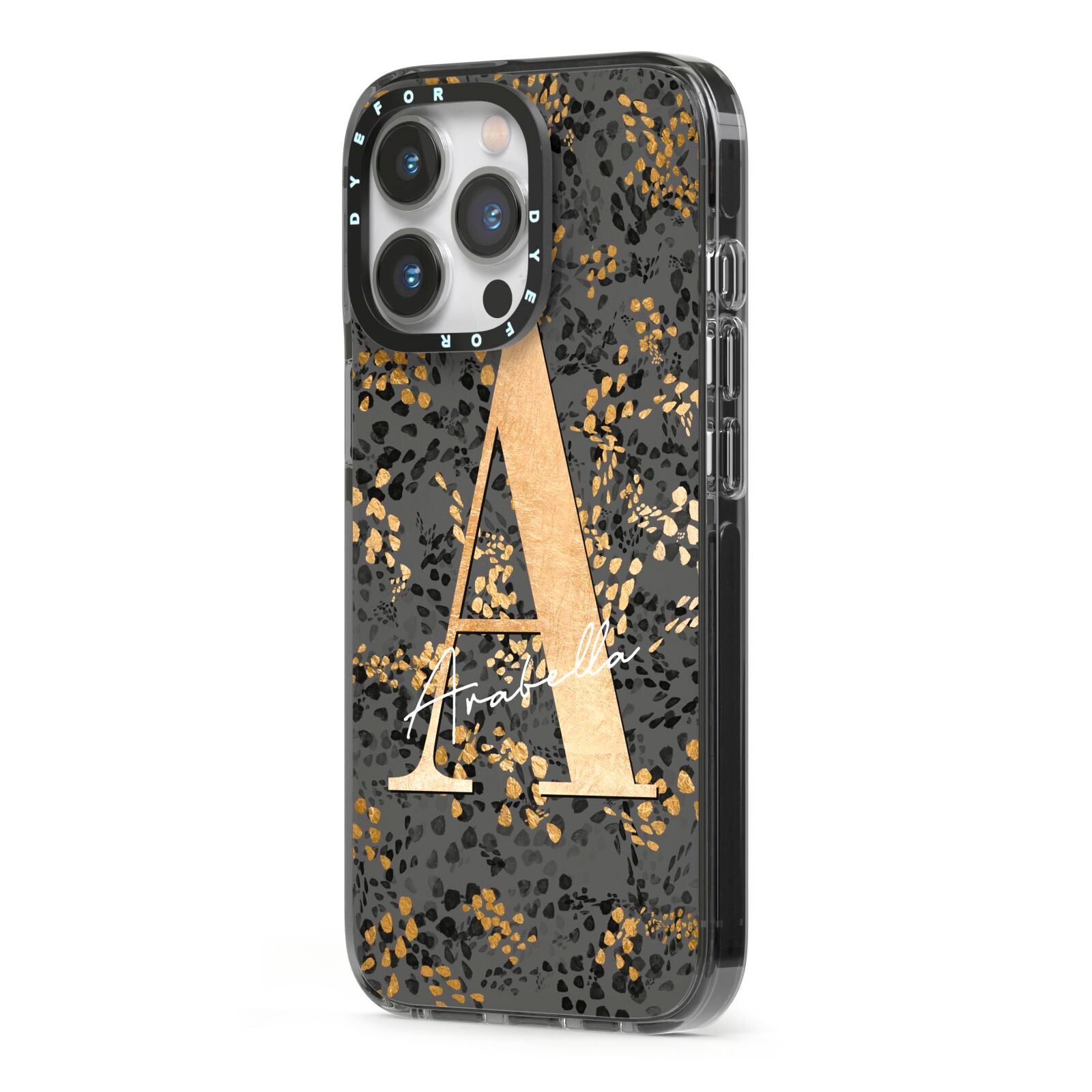 Personalised Grey Gold Cheetah iPhone 13 Pro Black Impact Case Side Angle on Silver phone