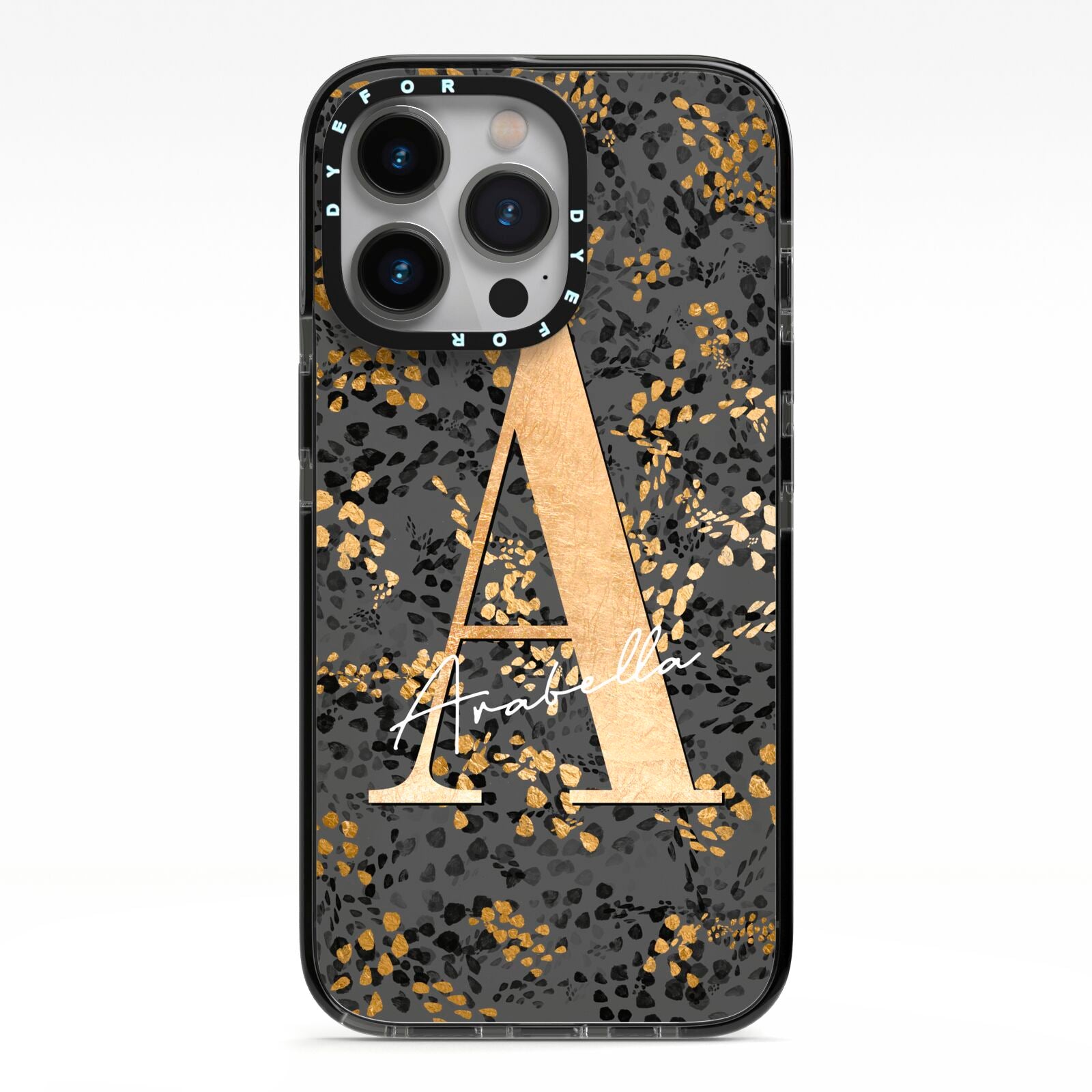 Personalised Grey Gold Cheetah iPhone 13 Pro Black Impact Case on Silver phone