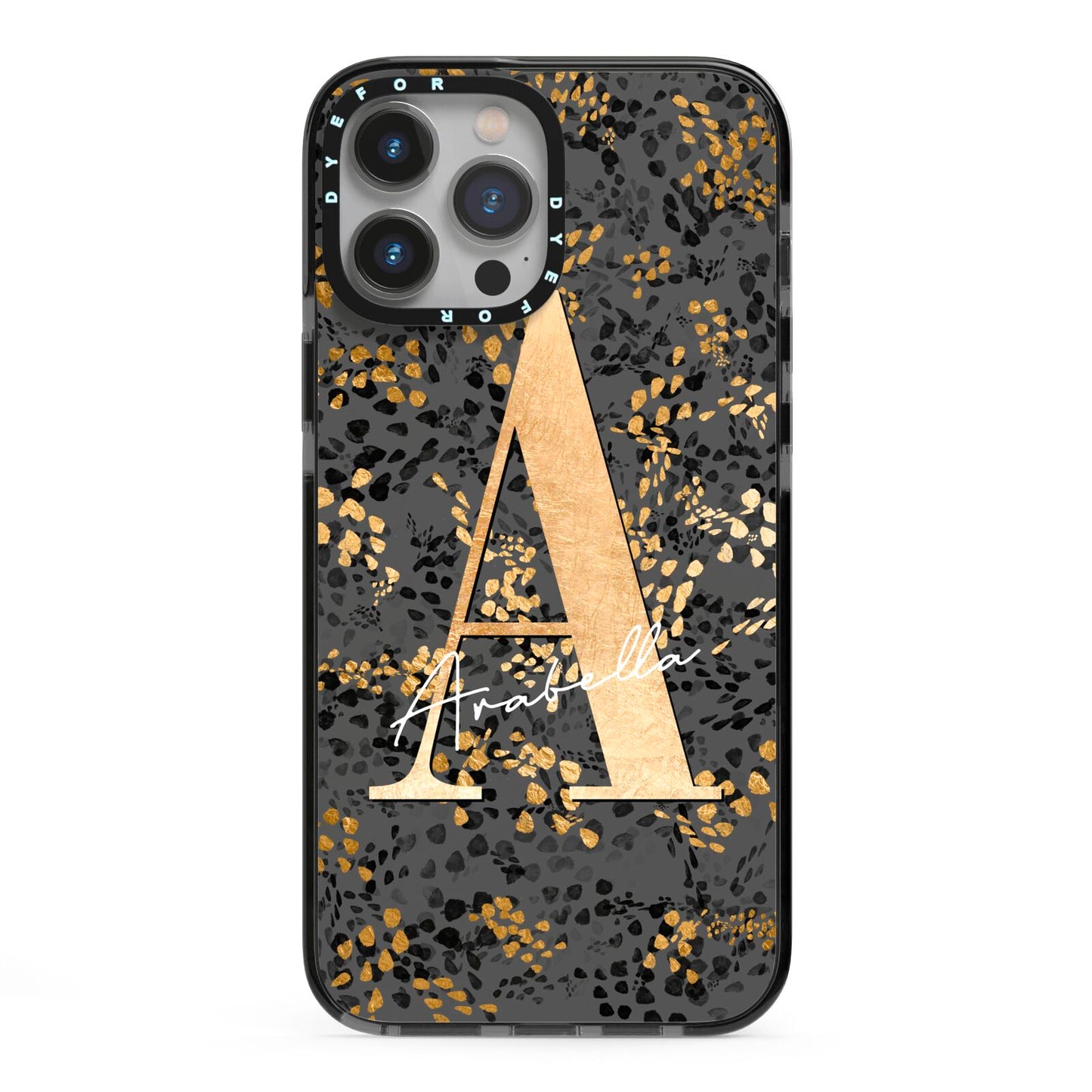 Personalised Grey Gold Cheetah iPhone 13 Pro Max Black Impact Case on Silver phone