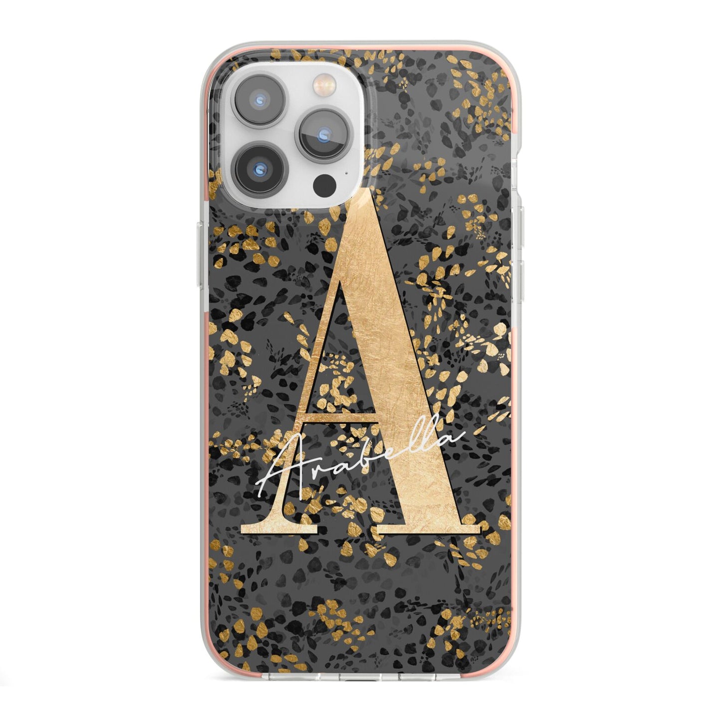 Personalised Grey Gold Cheetah iPhone 13 Pro Max TPU Impact Case with Pink Edges