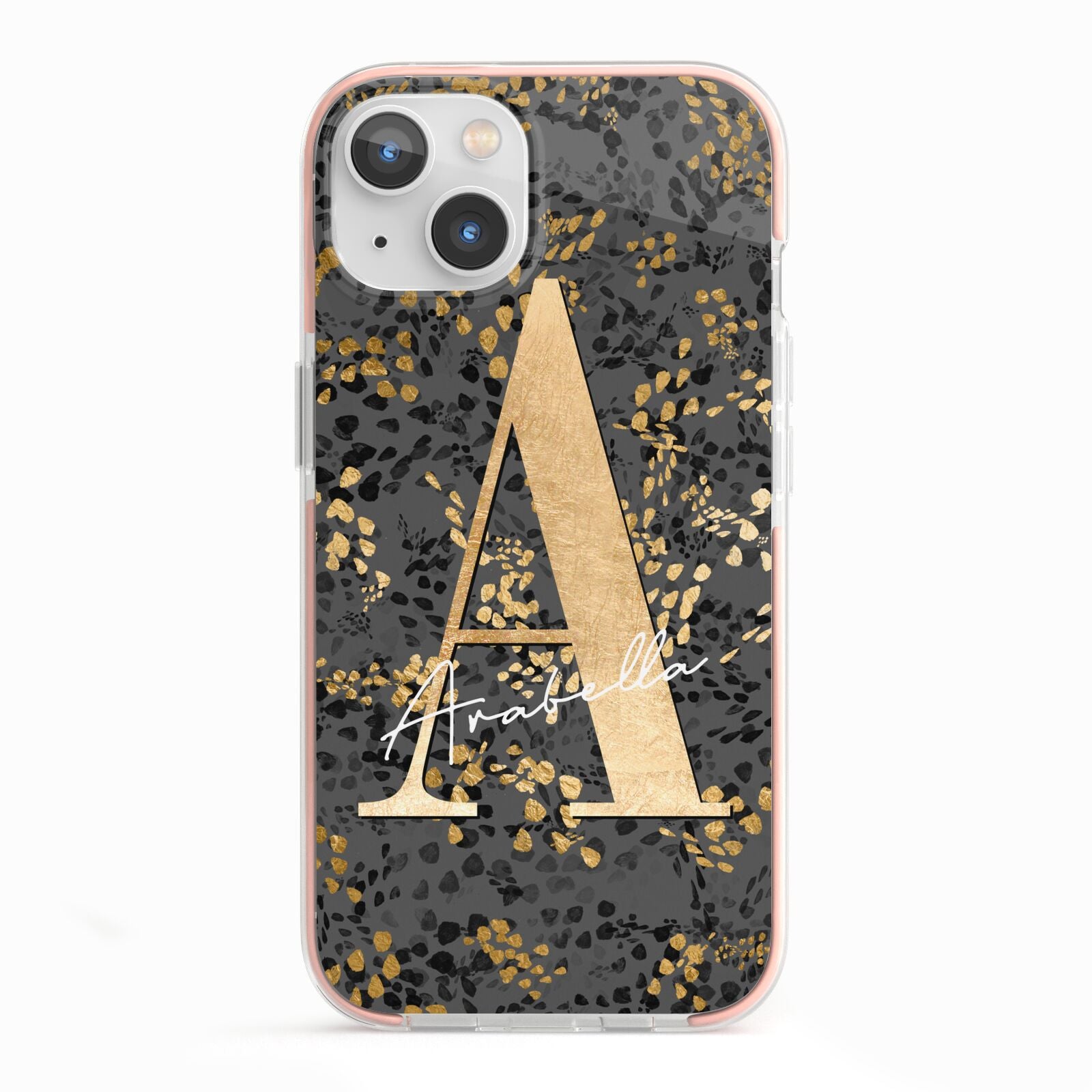 Personalised Grey Gold Cheetah iPhone 13 TPU Impact Case with Pink Edges