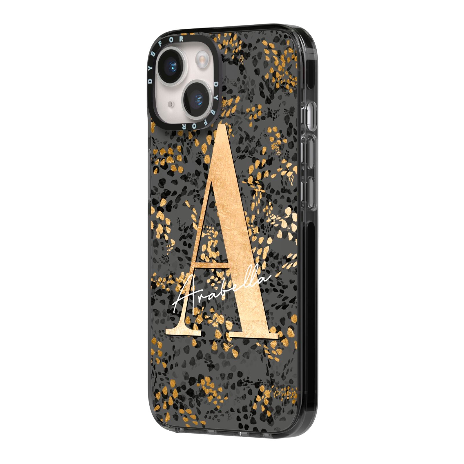 Personalised Grey Gold Cheetah iPhone 14 Black Impact Case Side Angle on Silver phone