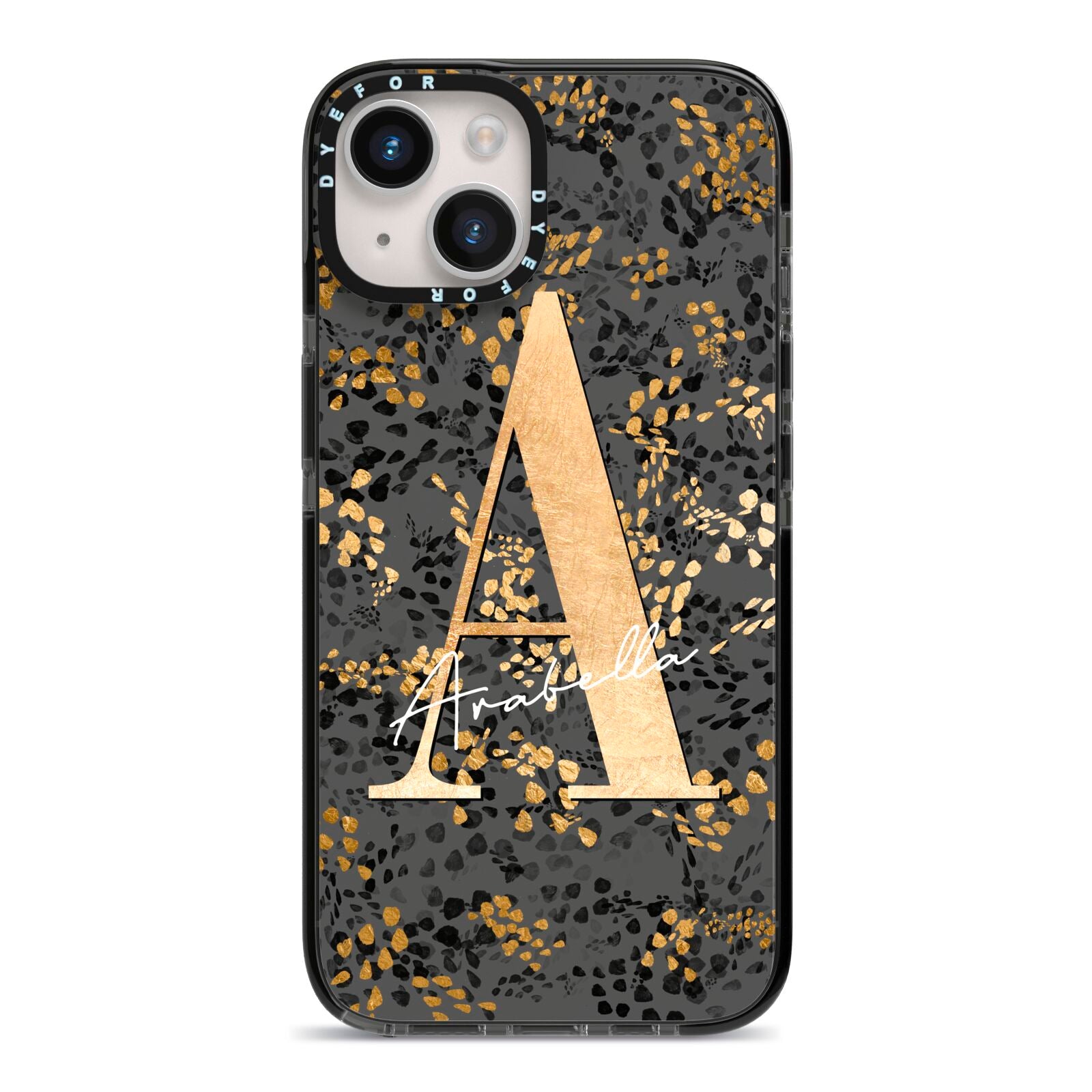 Personalised Grey Gold Cheetah iPhone 14 Black Impact Case on Silver phone