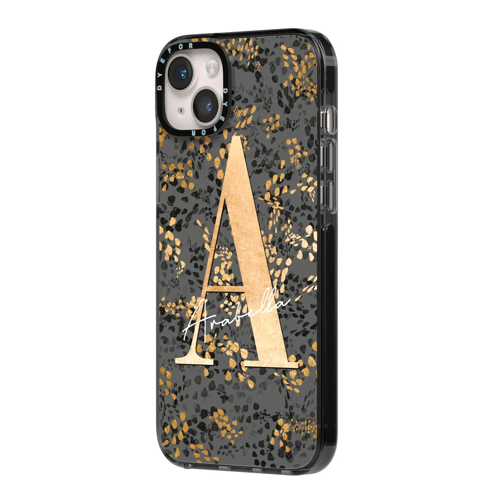 Personalised Grey Gold Cheetah iPhone 14 Plus Black Impact Case Side Angle on Silver phone