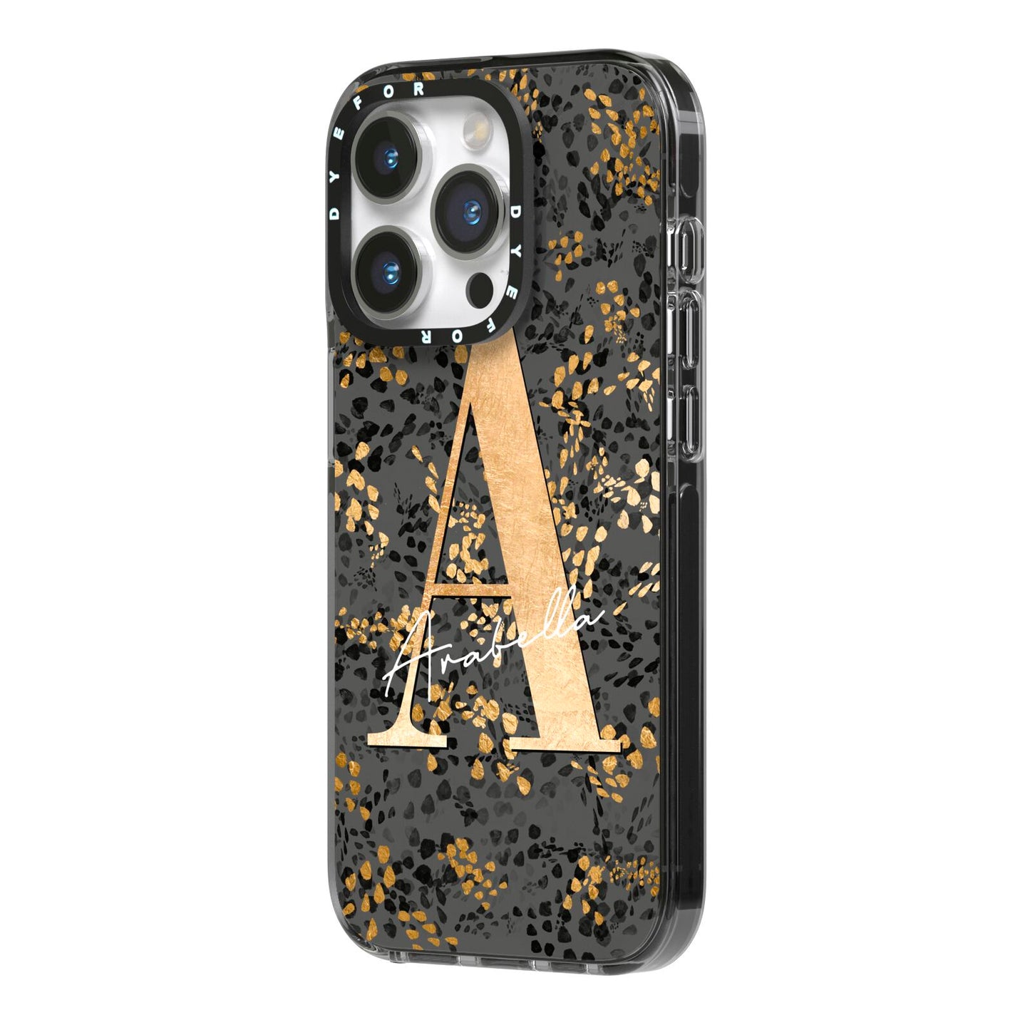 Personalised Grey Gold Cheetah iPhone 14 Pro Black Impact Case Side Angle on Silver phone