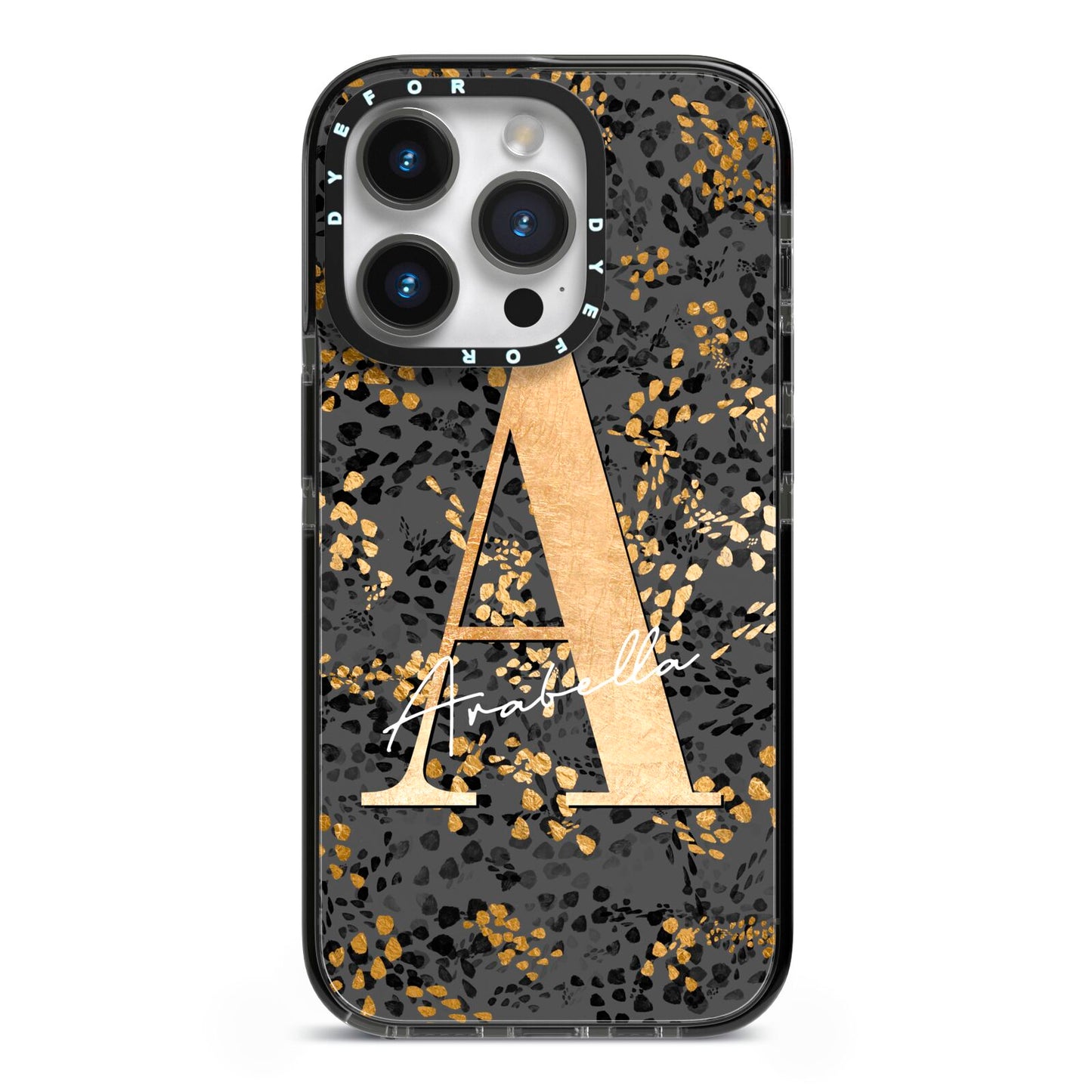 Personalised Grey Gold Cheetah iPhone 14 Pro Black Impact Case on Silver phone