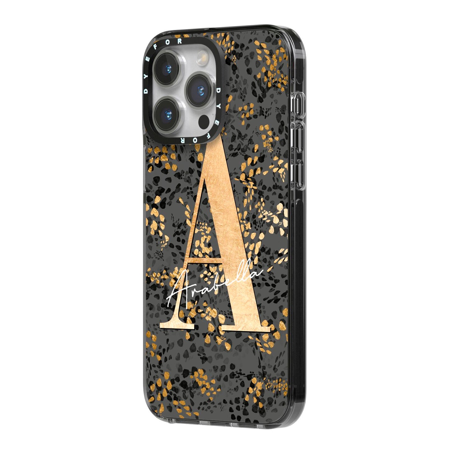 Personalised Grey Gold Cheetah iPhone 14 Pro Max Black Impact Case Side Angle on Silver phone
