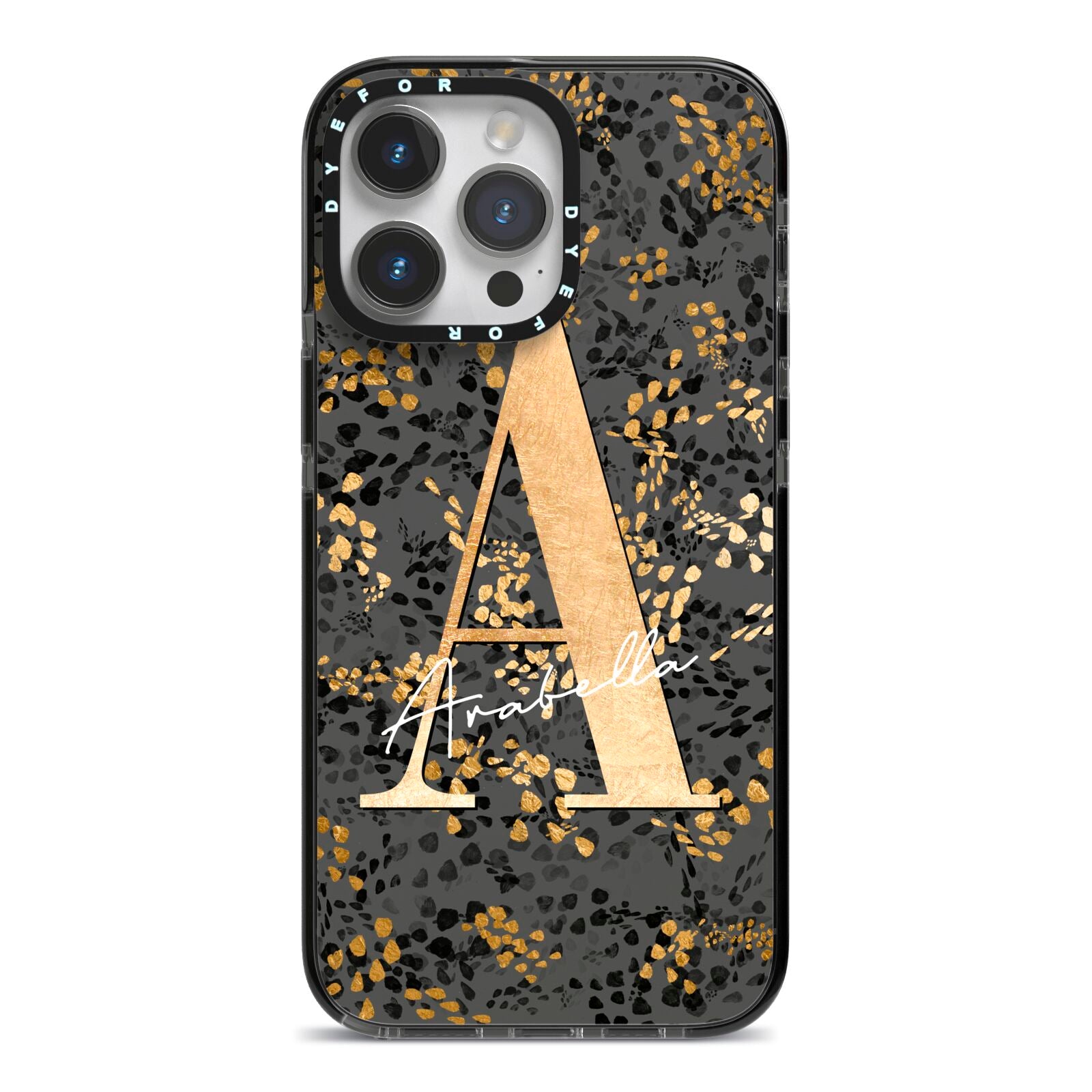 Personalised Grey Gold Cheetah iPhone 14 Pro Max Black Impact Case on Silver phone
