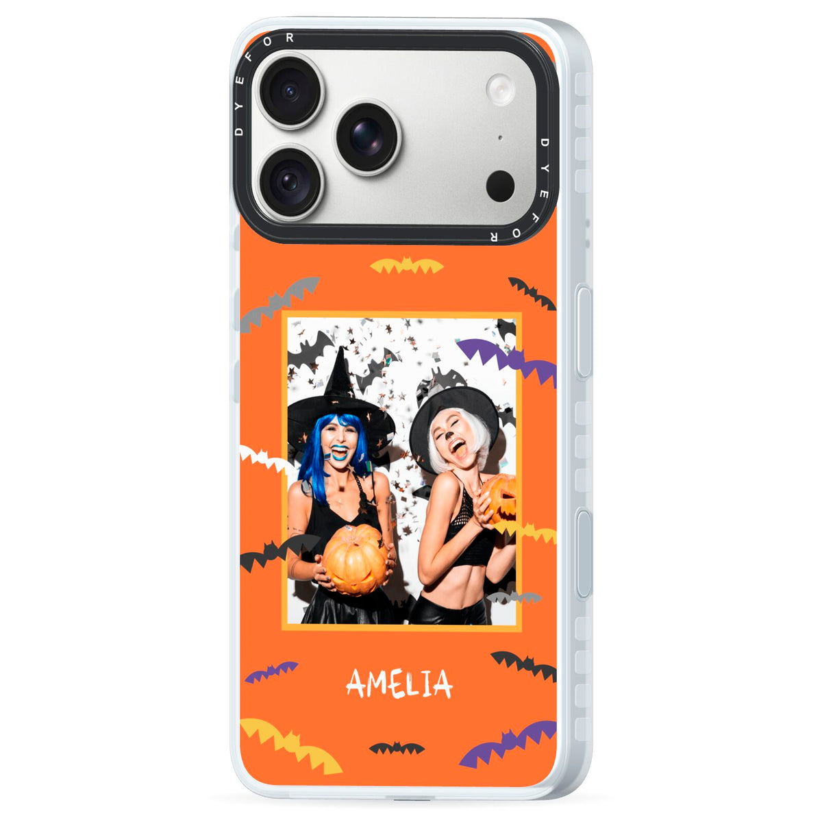 Personalised Halloween Bats Photo Upload iPhone 18 Pro Black Impact Pre order Case Side Angle on Silver phone