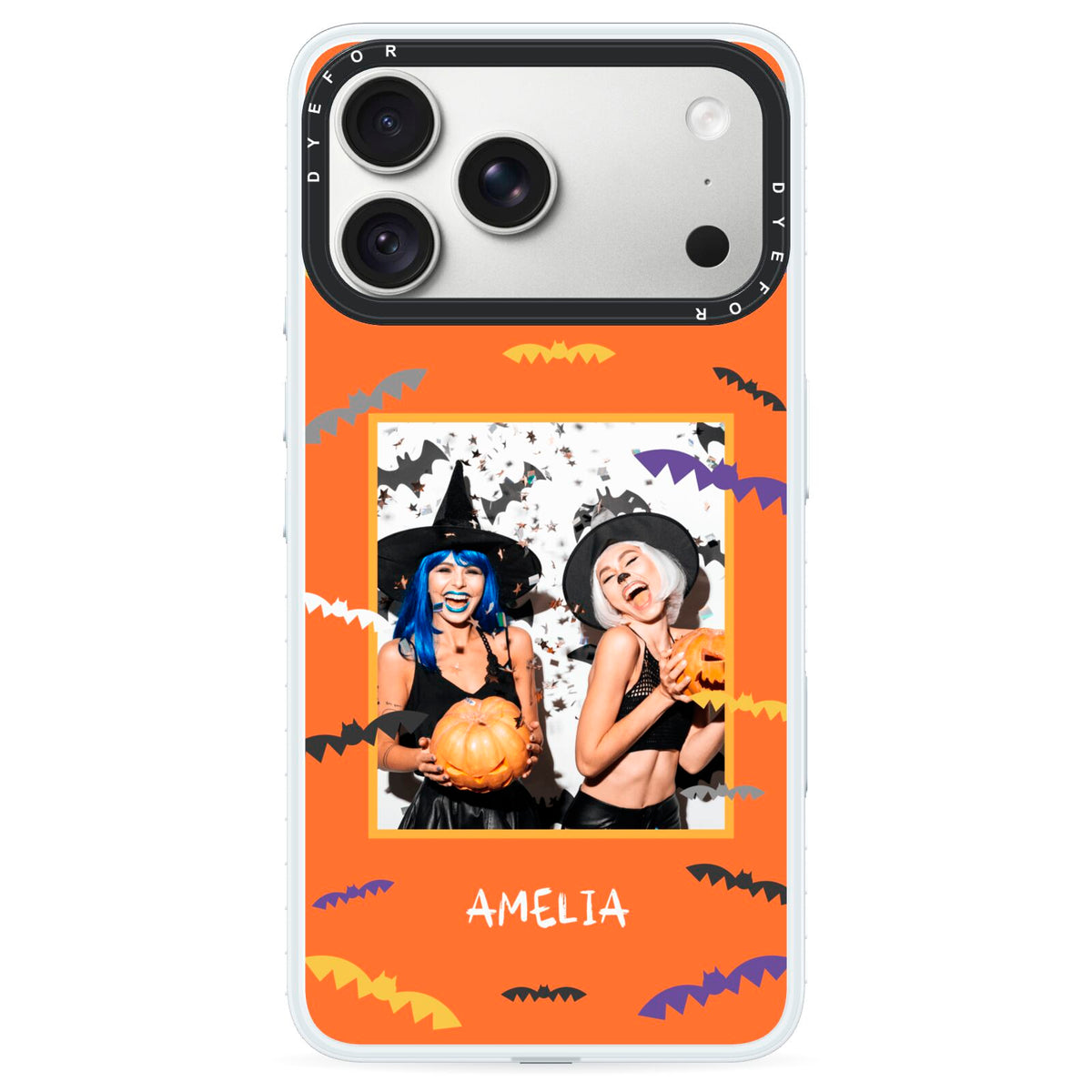 Personalised Halloween Bats Photo Upload iPhone 18 Pro Black Impact Pre order Case on Silver phone
