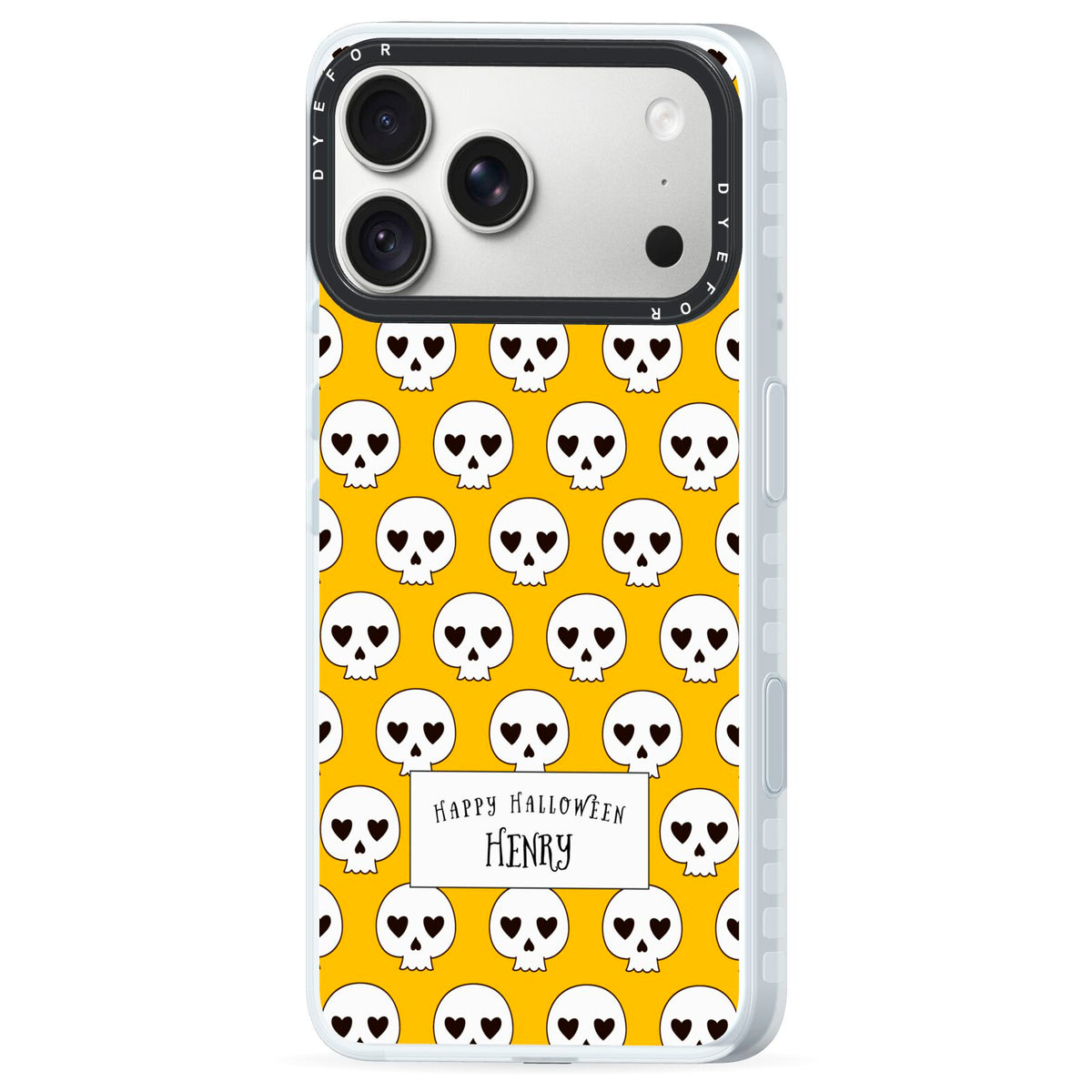 Personalised Halloween Heart Skulls iPhone 18 Pro Max Black Impact Pre order Case Side Angle on Silver phone