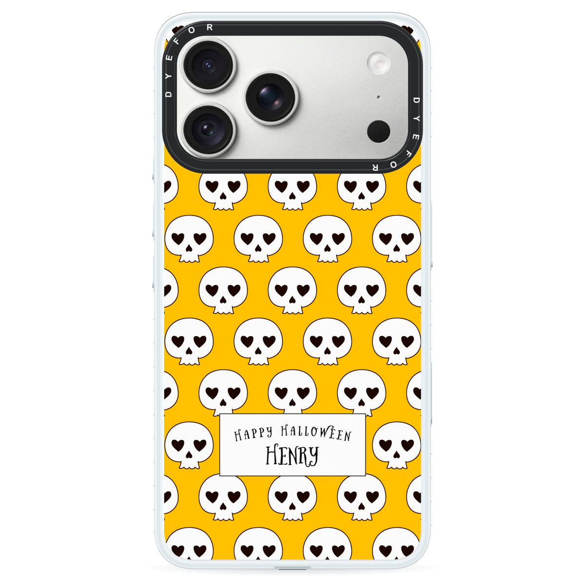 Personalised Halloween Heart Skulls iPhone 18 Pro Max Black Impact Pre order Case on Silver phone