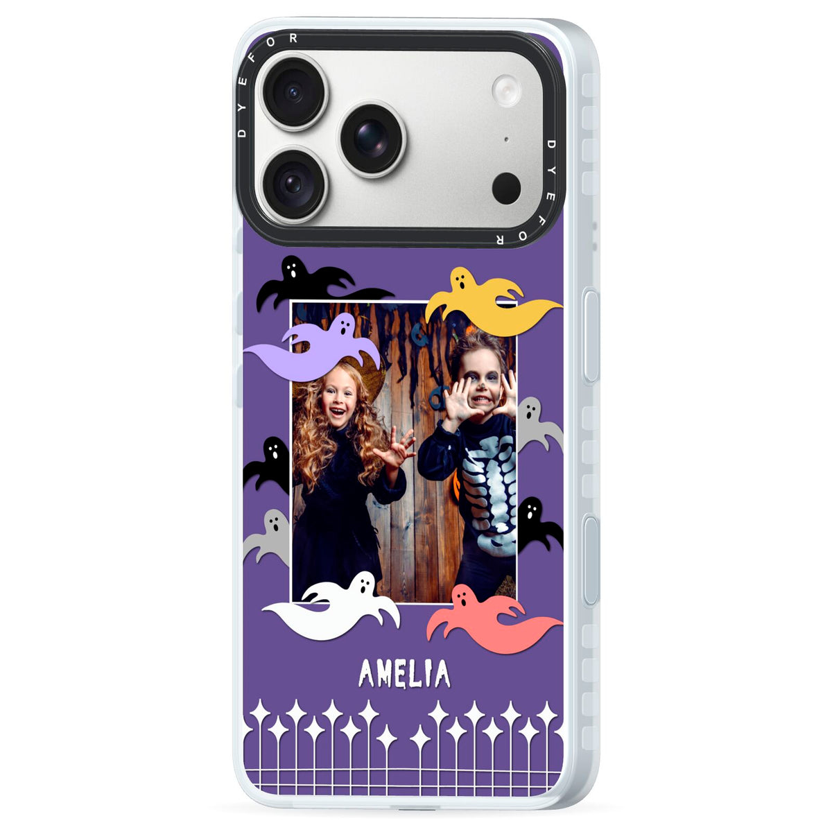 Personalised Halloween Photo Upload iPhone 18 Pro Black Impact Pre order Case Side Angle on Silver phone
