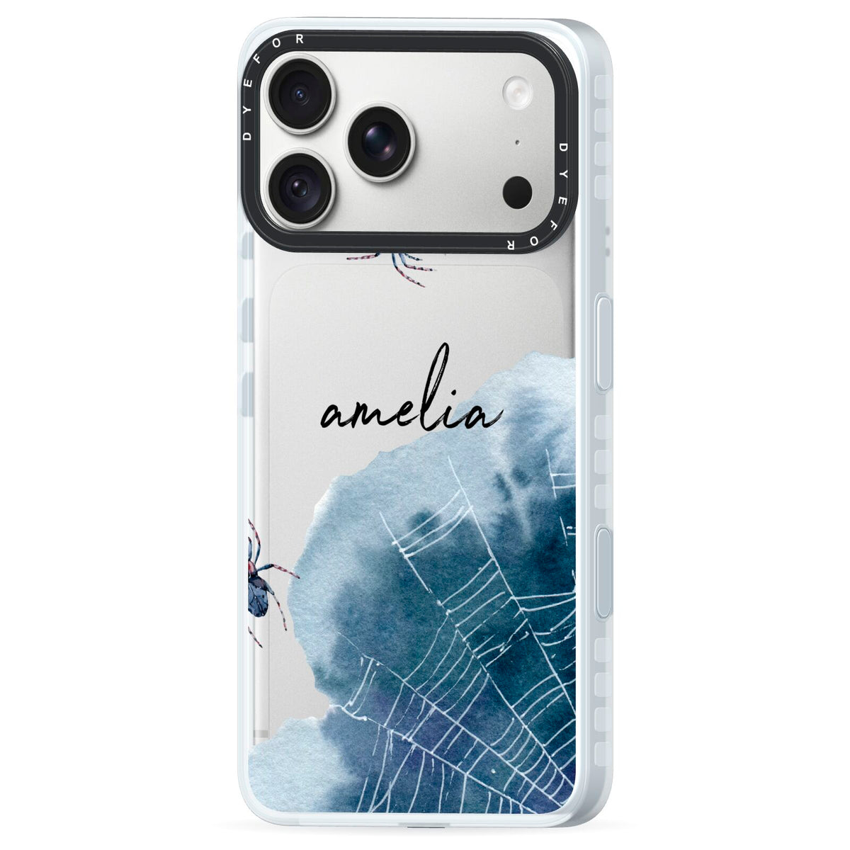 Personalised Halloween Spider Web iPhone 18 Pro Black Impact Pre order Case Side Angle on Silver phone