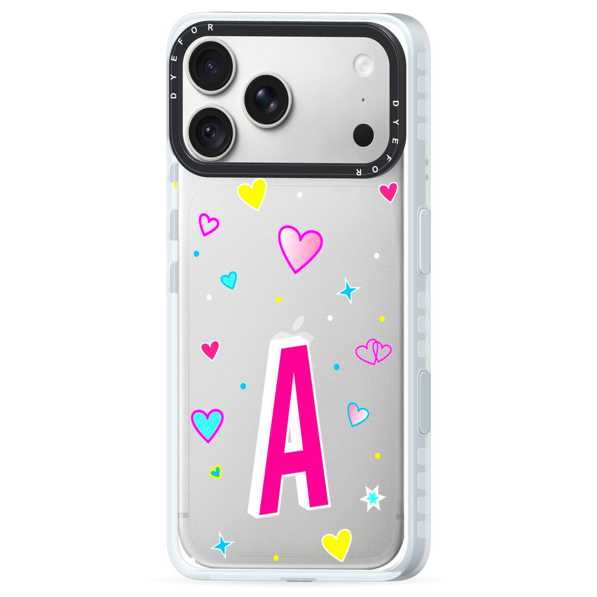 Personalised Heart Alphabet Clear iPhone 18 Pro Black Impact Pre order Case Side Angle on Silver phone