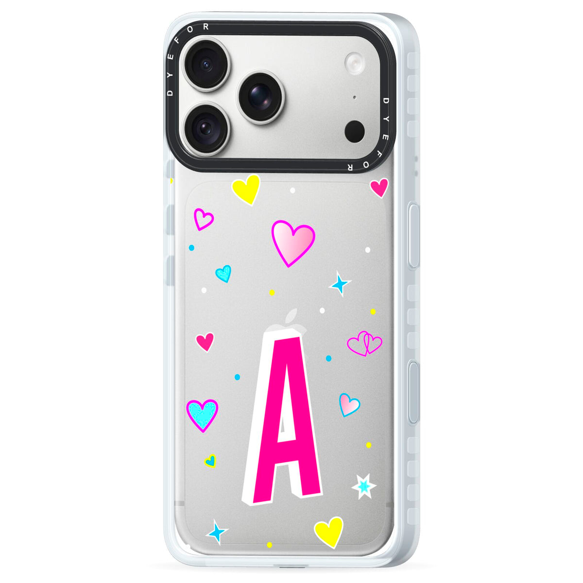 Personalised Heart Alphabet Clear iPhone 18 Pro Max Black Impact Pre order Case Side Angle on Silver phone