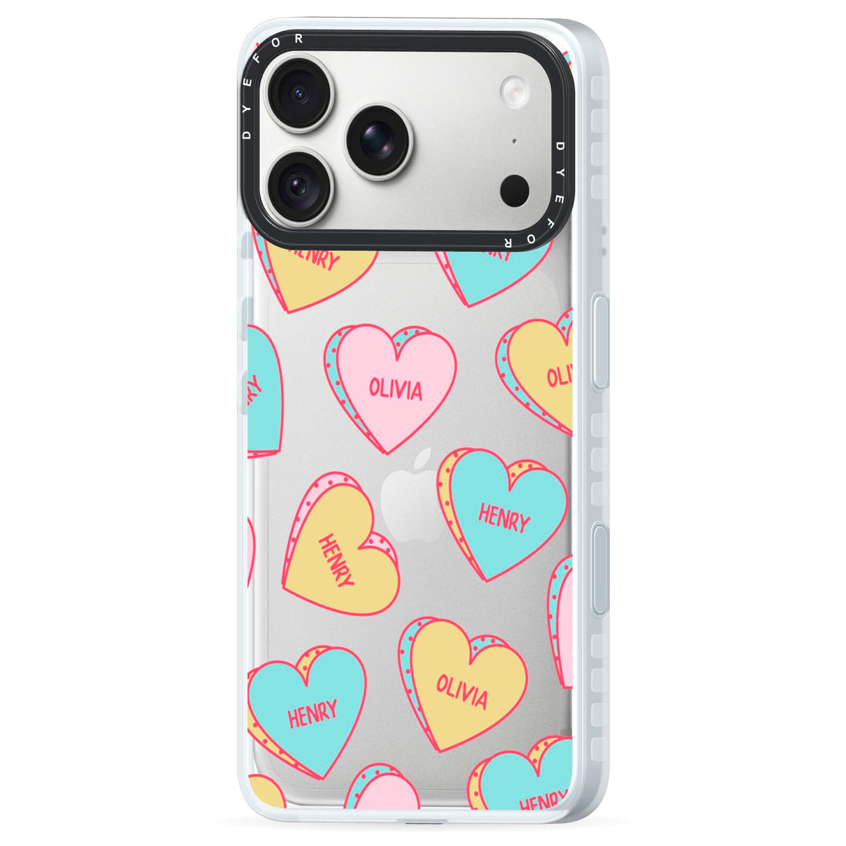 Personalised Heart Sweets iPhone 18 Pro Max Black Impact Pre order Case Side Angle on Silver phone