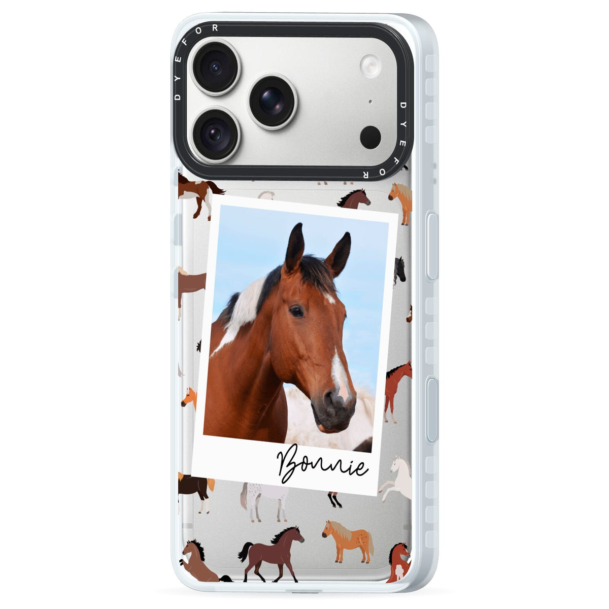 Personalised Horse Photo iPhone 18 Pro Max Black Impact Pre order Case Side Angle on Silver phone