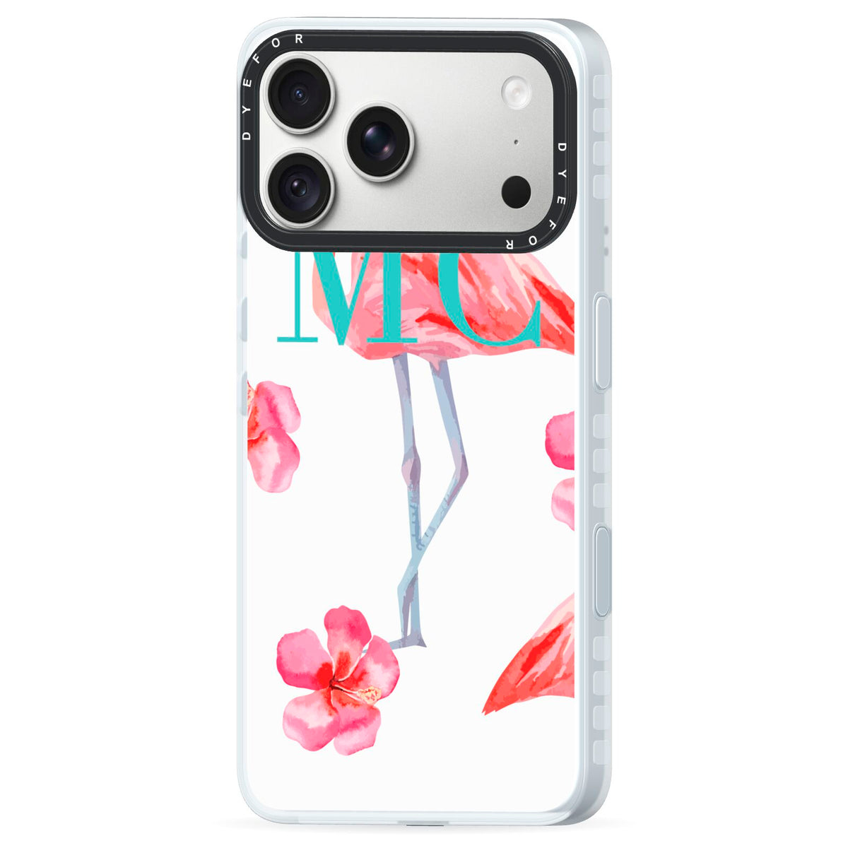 Personalised Initials Flamingo 3 iPhone 18 Pro Black Impact Pre order Case Side Angle on Silver phone