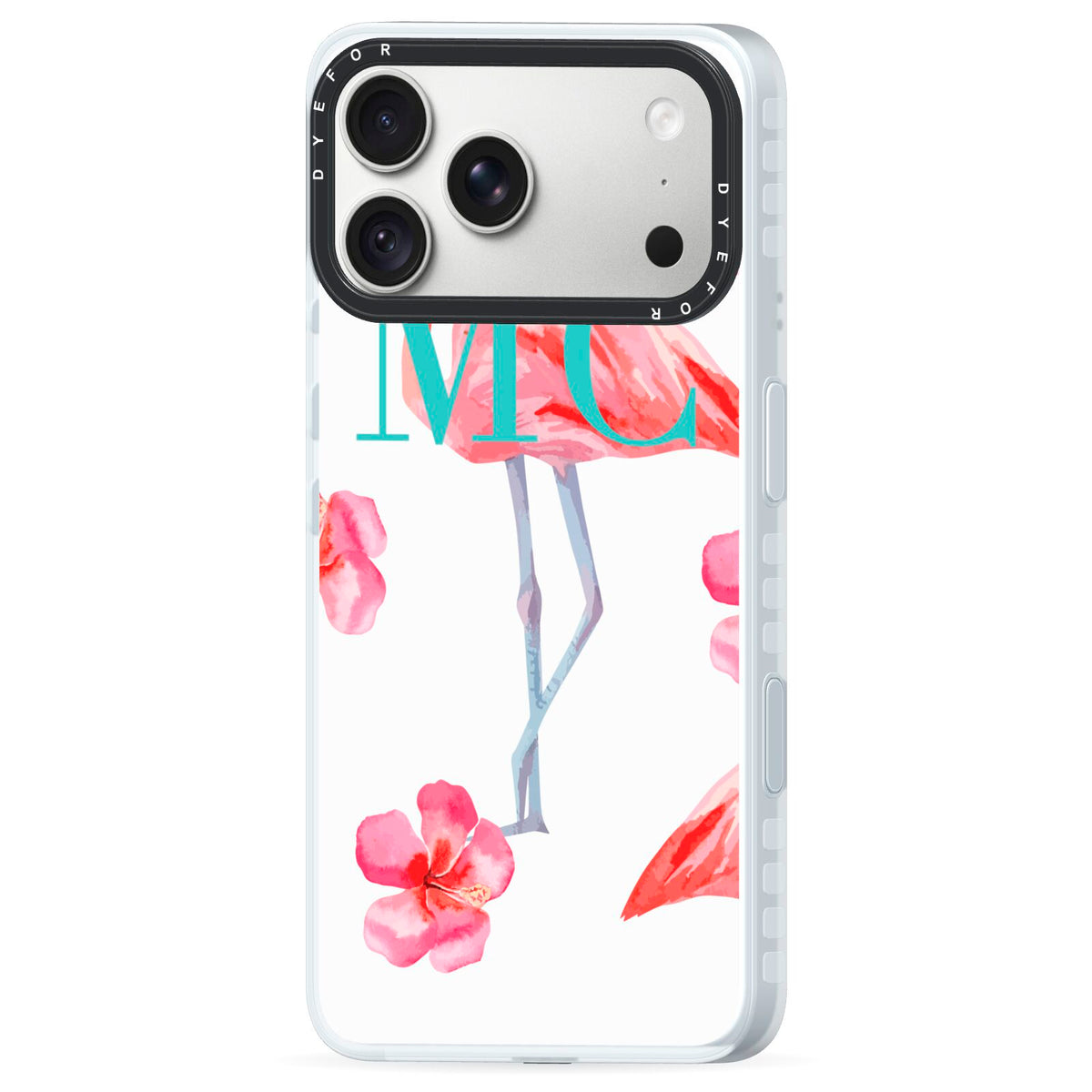 Personalised Initials Flamingo 3 iPhone 18 Pro Max Black Impact Pre order Case Side Angle on Silver phone