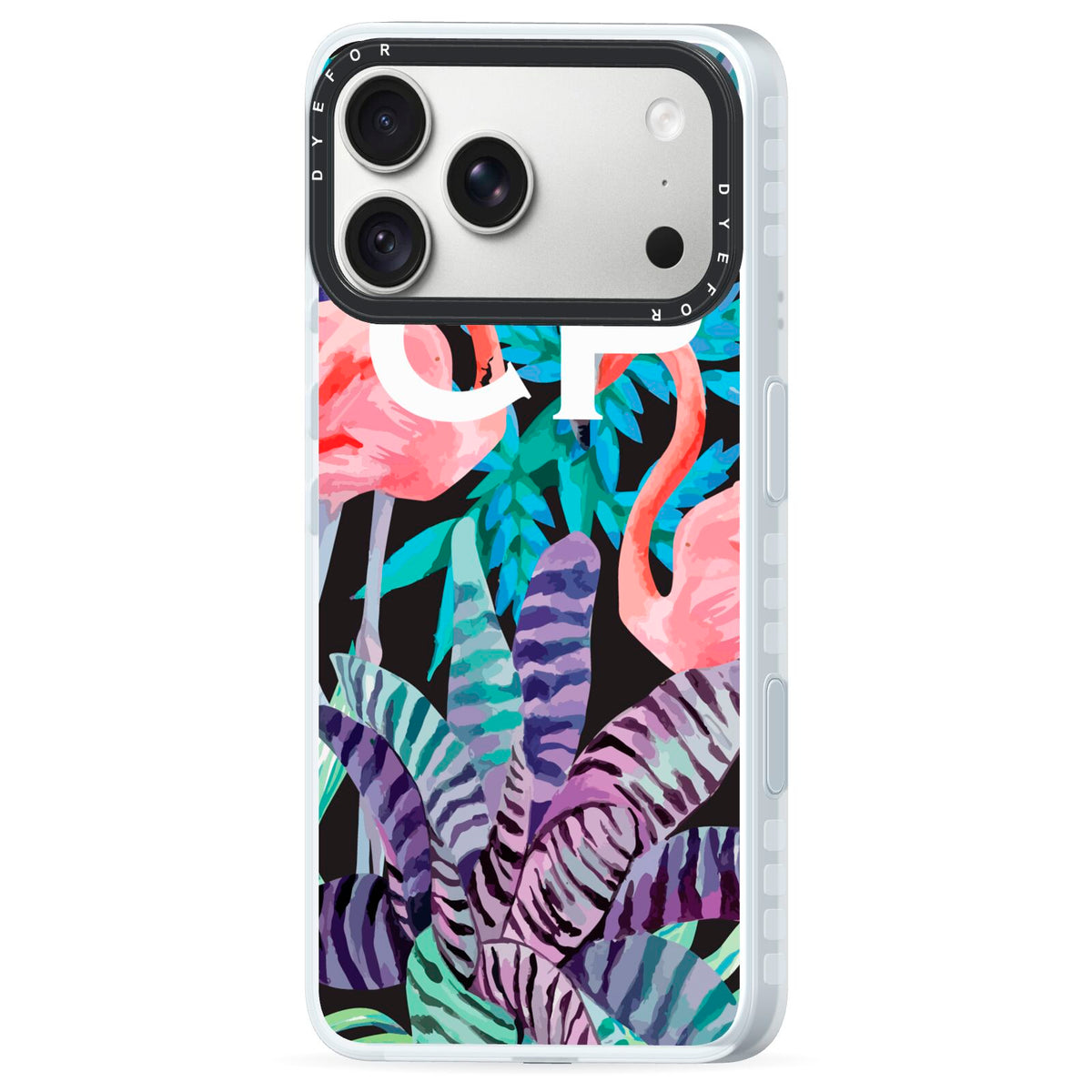 Personalised Initials Flamingos 4 iPhone 18 Pro Black Impact Pre order Case Side Angle on Silver phone