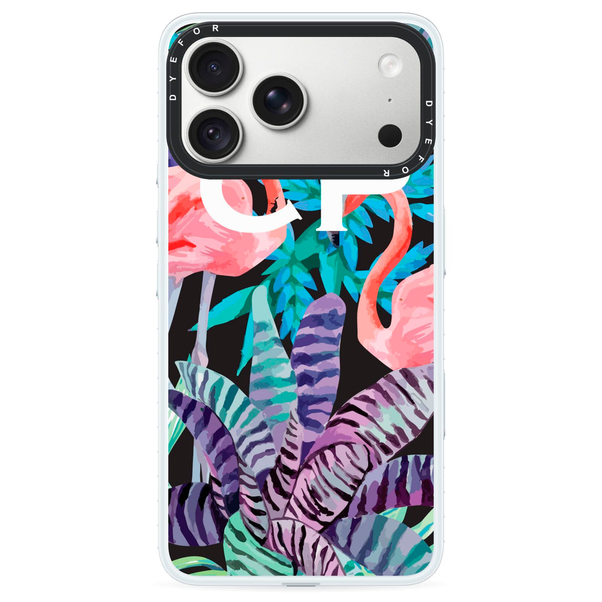 Personalised Initials Flamingos 4 iPhone 18 Pro Black Impact Pre order Case on Silver phone