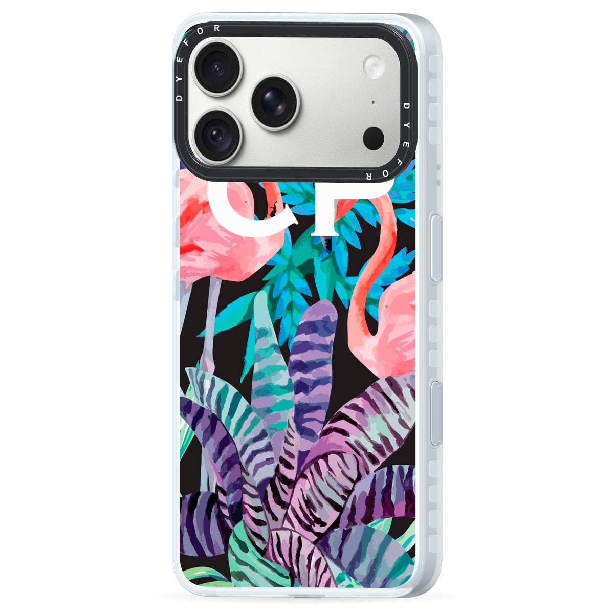 Personalised Initials Flamingos 4 iPhone 18 Pro Max Black Impact Pre order Case Side Angle on Silver phone