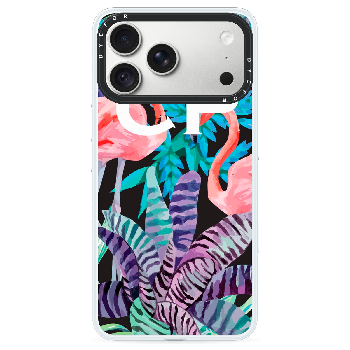 Personalised Initials Flamingos 4 iPhone 18 Pro Max Black Impact Pre order Case on Silver phone