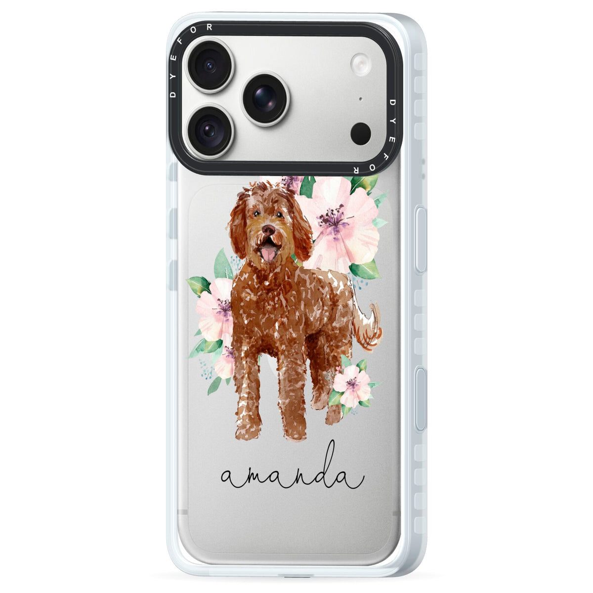 Personalised Labradoodle iPhone 18 Pro Max Black Impact Pre order Case Side Angle on Silver phone