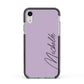 Personalised Lavender Script Name Design Apple iPhone XR Impact Case Black Edge on Silver Phone