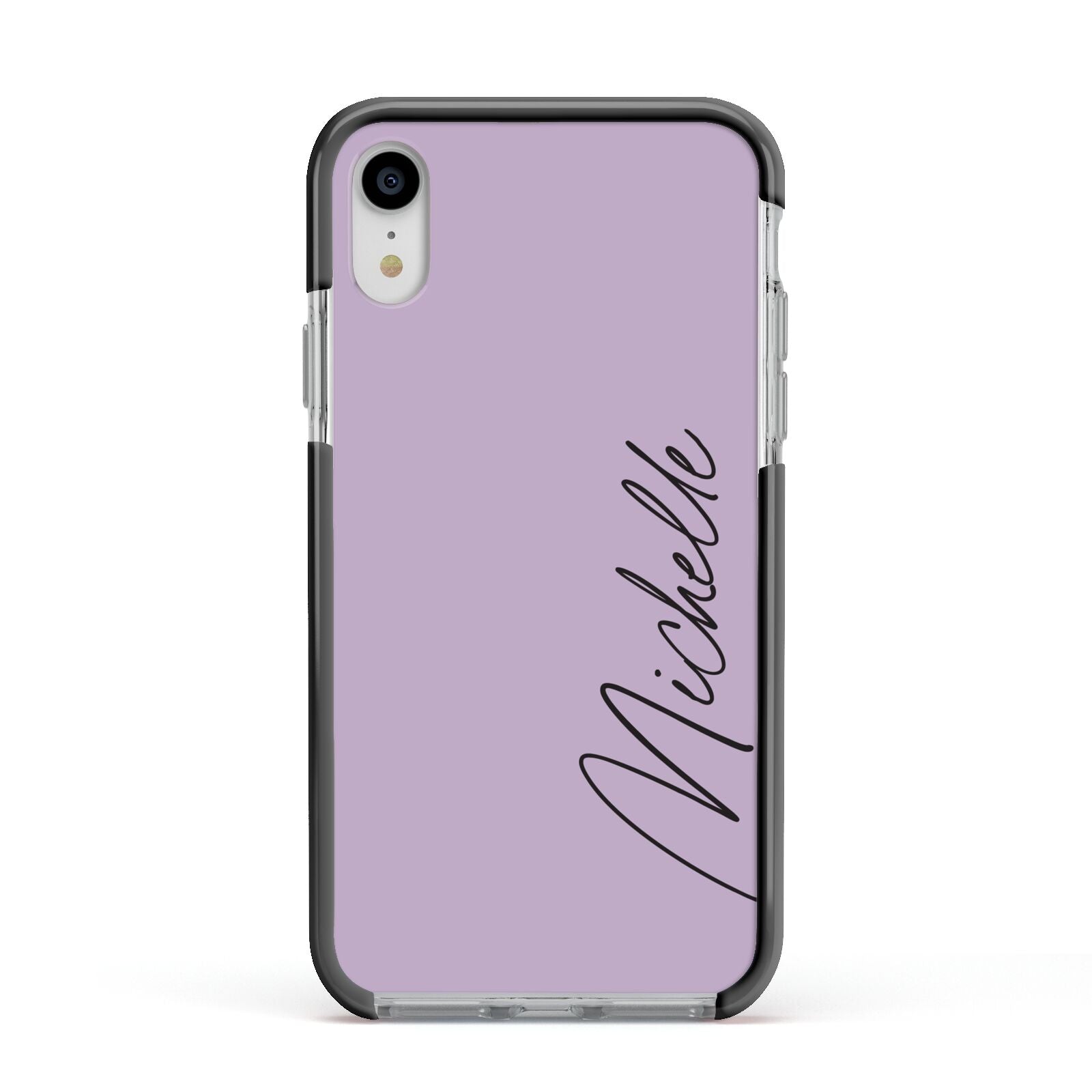 Personalised Lavender Script Name Design Apple iPhone XR Impact Case Black Edge on Silver Phone