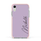 Personalised Lavender Script Name Design Apple iPhone XR Impact Case Pink Edge on Silver Phone