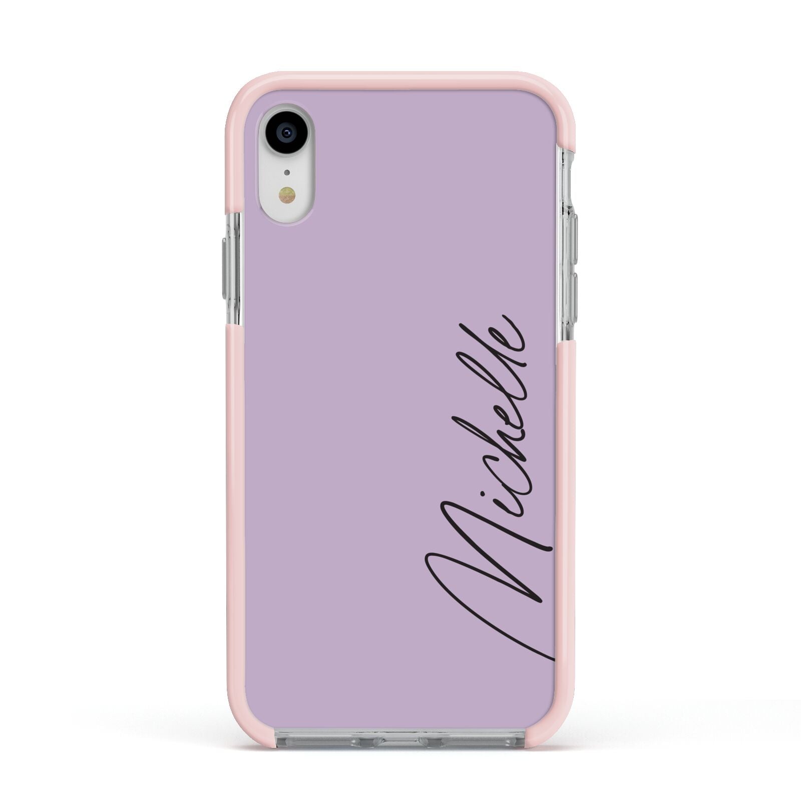 Personalised Lavender Script Name Design Apple iPhone XR Impact Case Pink Edge on Silver Phone