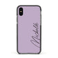 Personalised Lavender Script Name Design Apple iPhone Xs Impact Case Black Edge on Black Phone