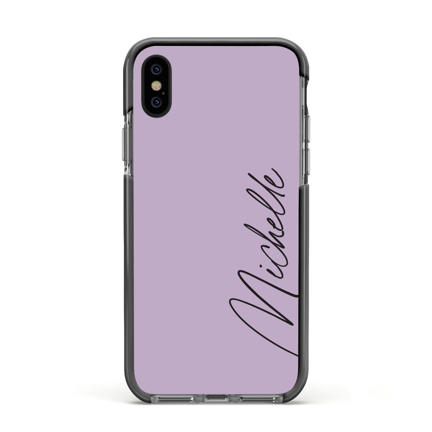 Personalised Lavender Script Name Design Apple iPhone Xs Impact Case Black Edge on Black Phone