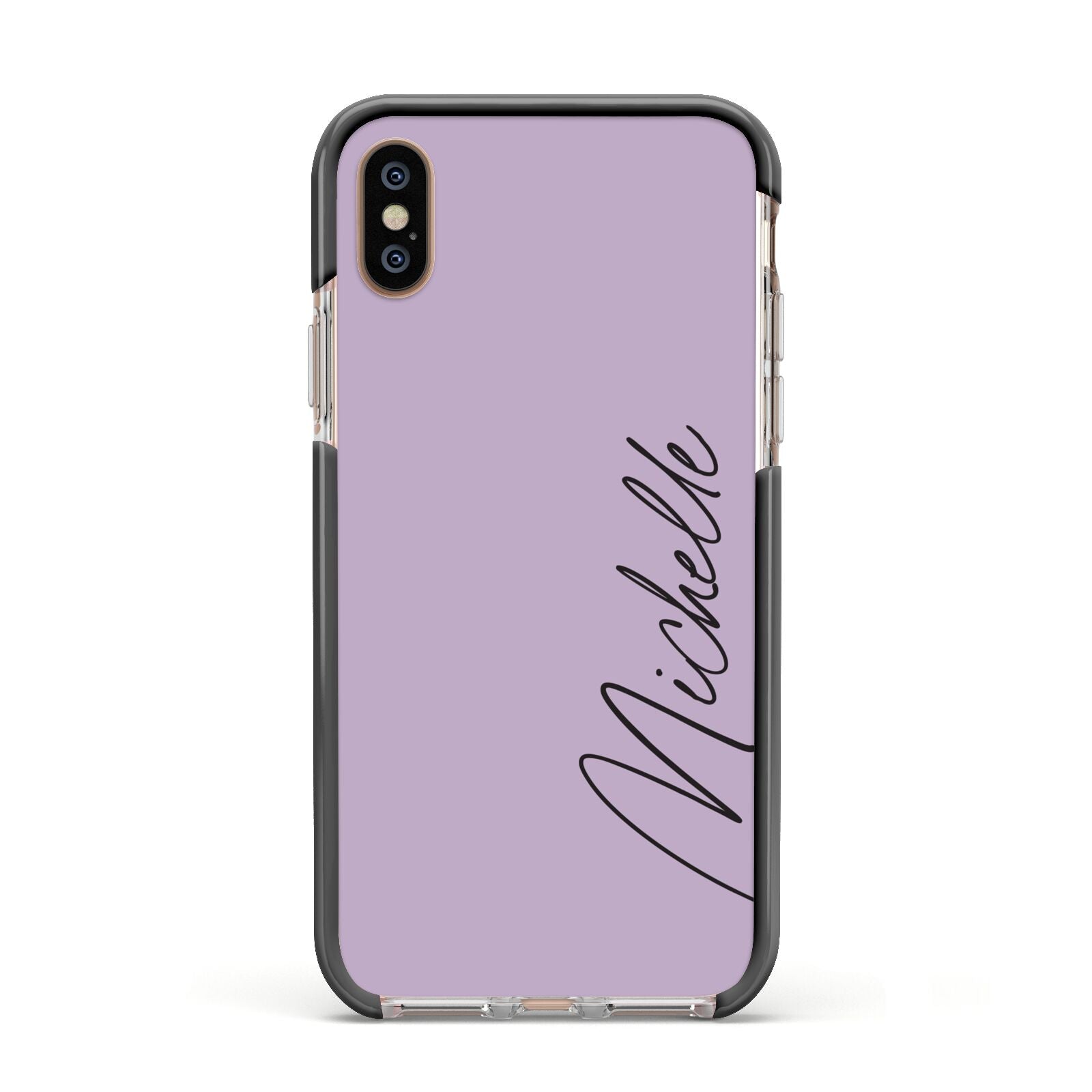 Personalised Lavender Script Name Design Apple iPhone Xs Impact Case Black Edge on Gold Phone