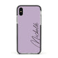 Personalised Lavender Script Name Design Apple iPhone Xs Impact Case Black Edge on Silver Phone