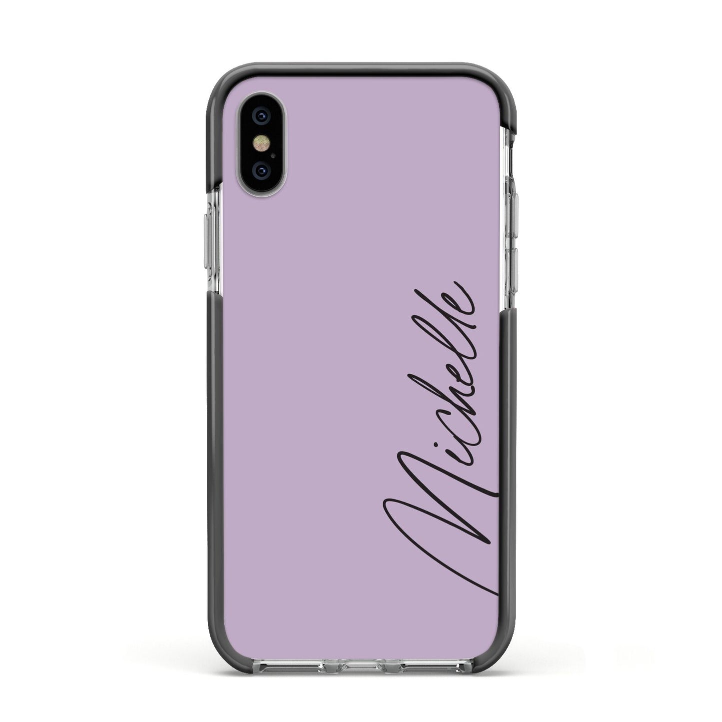 Personalised Lavender Script Name Design Apple iPhone Xs Impact Case Black Edge on Silver Phone