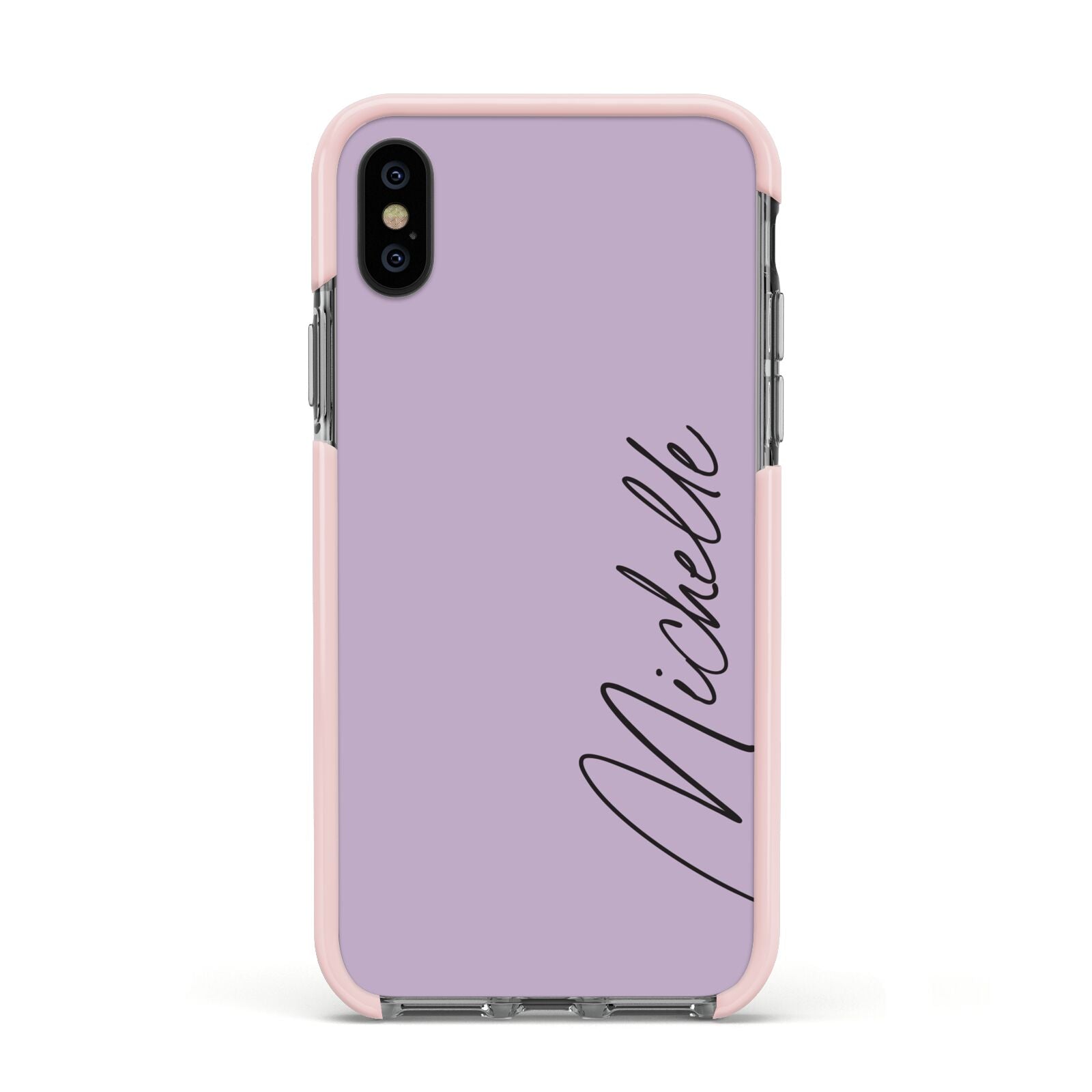 Personalised Lavender Script Name Design Apple iPhone Xs Impact Case Pink Edge on Black Phone