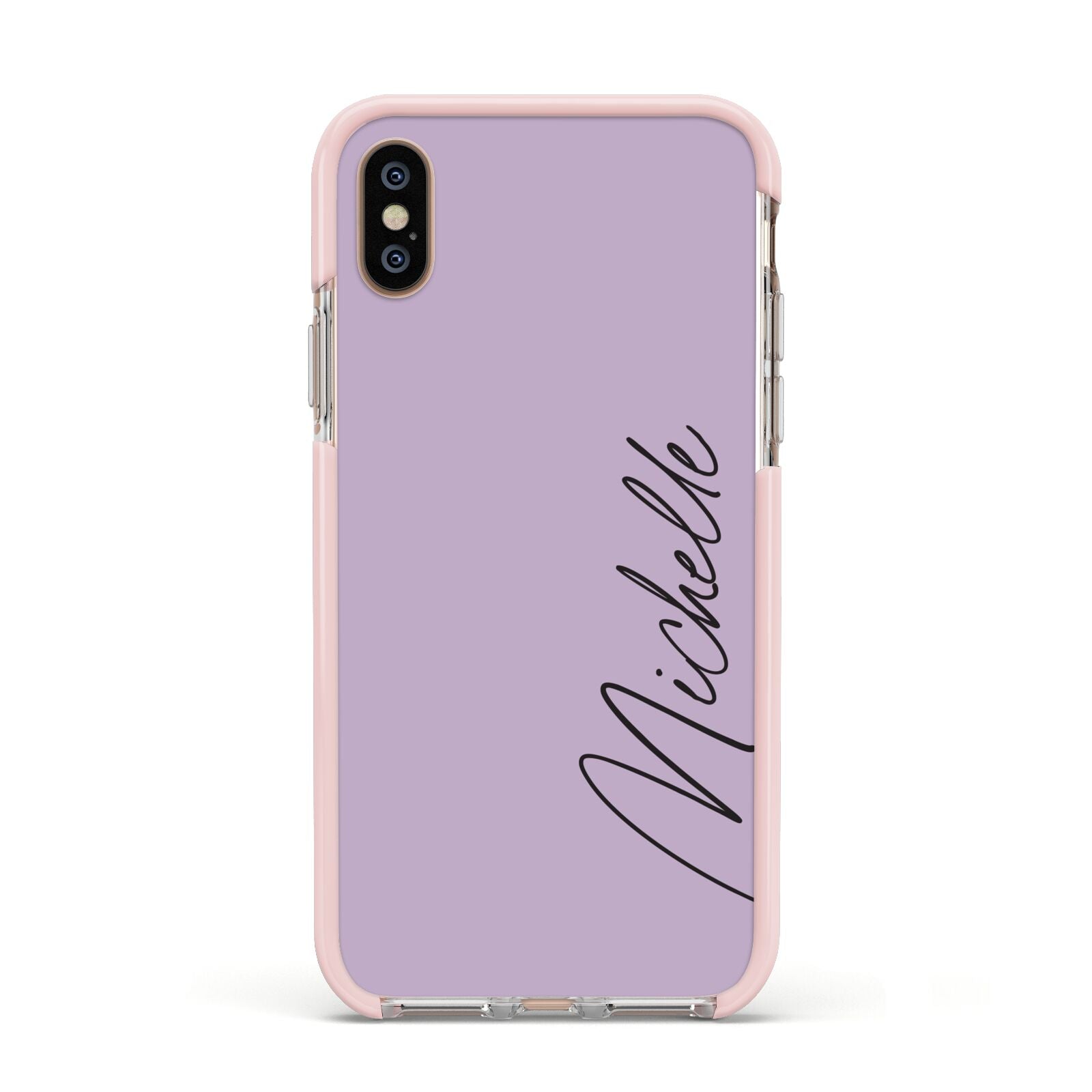 Personalised Lavender Script Name Design Apple iPhone Xs Impact Case Pink Edge on Gold Phone