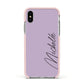 Personalised Lavender Script Name Design Apple iPhone Xs Impact Case Pink Edge on Silver Phone