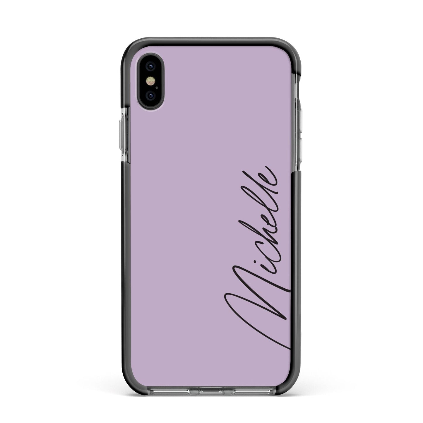 Personalised Lavender Script Name Design Apple iPhone Xs Max Impact Case Black Edge on Black Phone